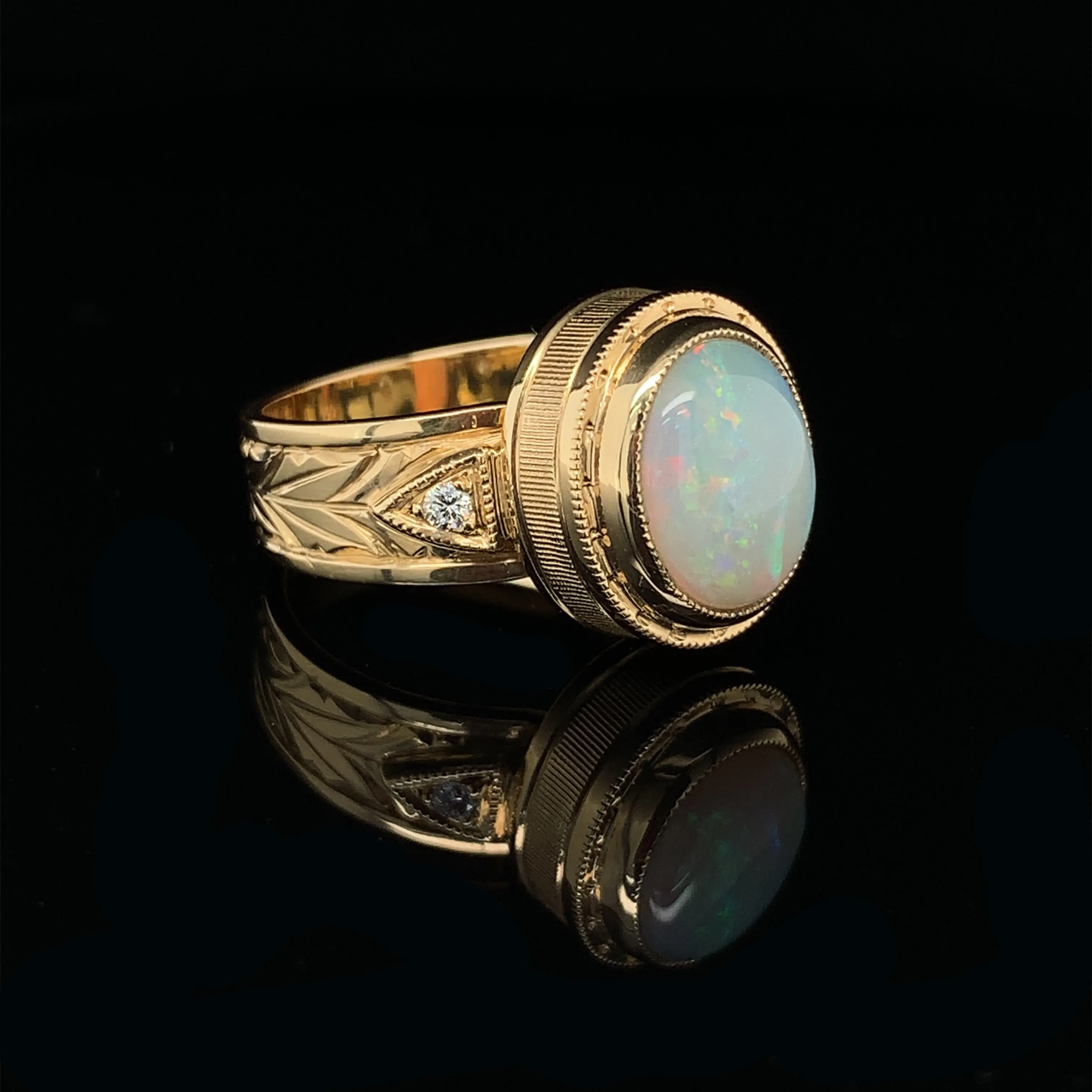 1.88 Carat Lightening Ridge Opal and Diamond Yellow Gold Engraved Dome Band Ring