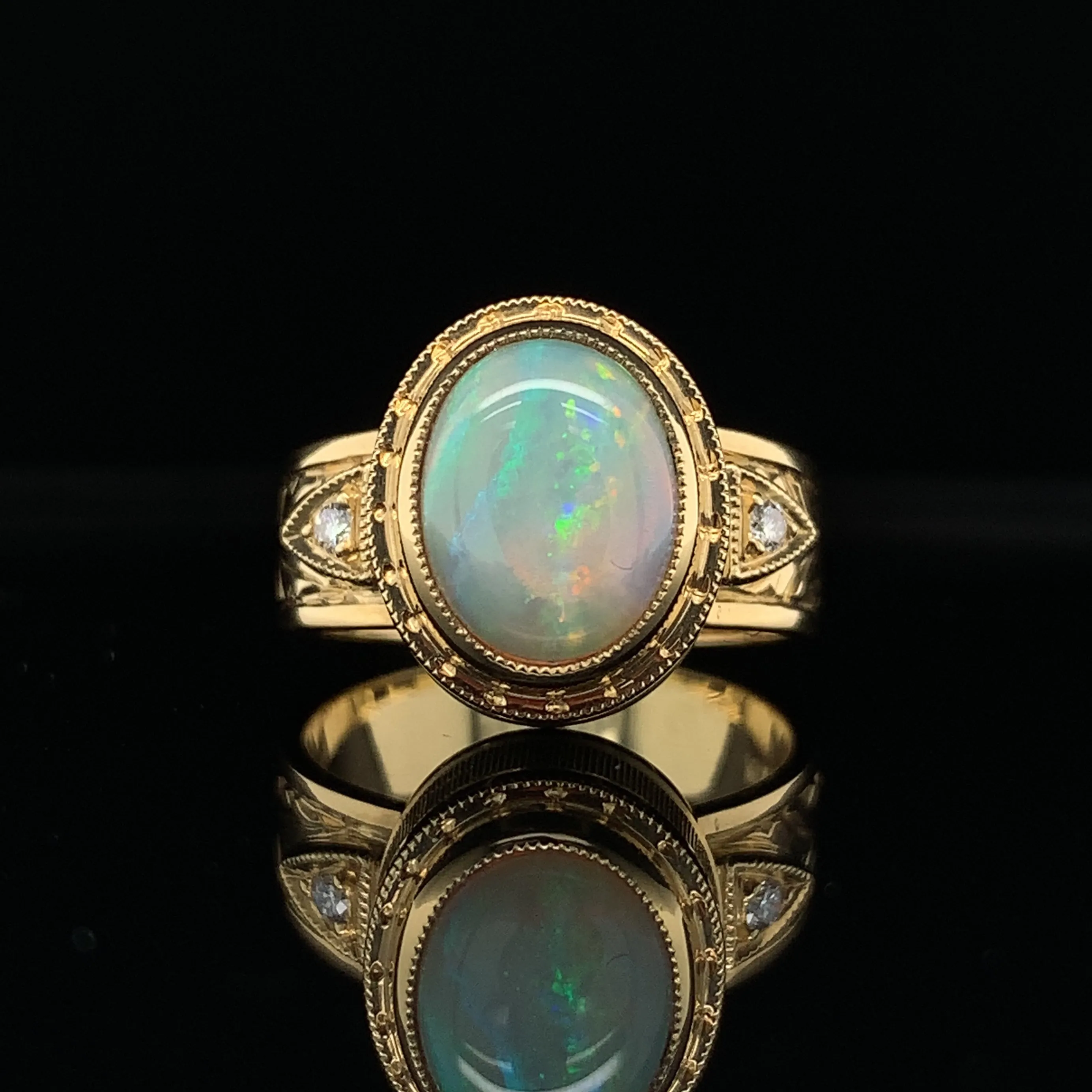 1.88 Carat Lightening Ridge Opal and Diamond Yellow Gold Engraved Dome Band Ring