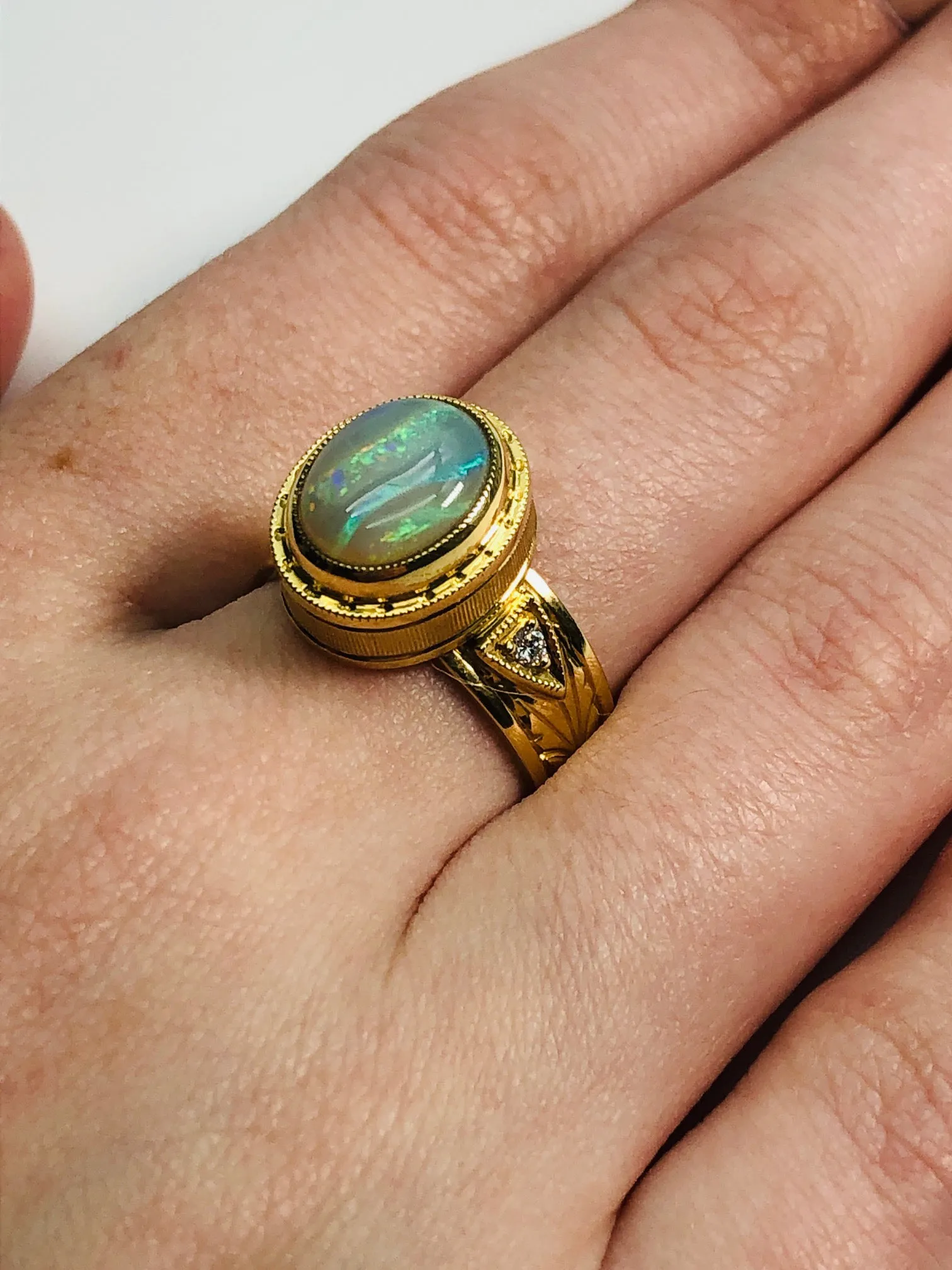 1.88 Carat Lightening Ridge Opal and Diamond Yellow Gold Engraved Dome Band Ring