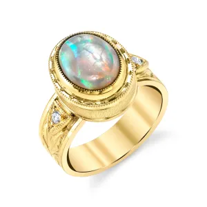 1.88 Carat Lightening Ridge Opal and Diamond Yellow Gold Engraved Dome Band Ring