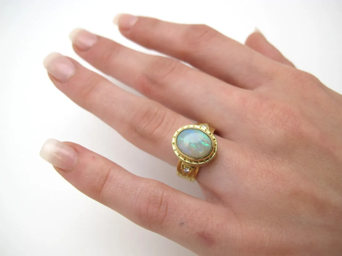 1.88 Carat Lightening Ridge Opal and Diamond Yellow Gold Engraved Dome Band Ring