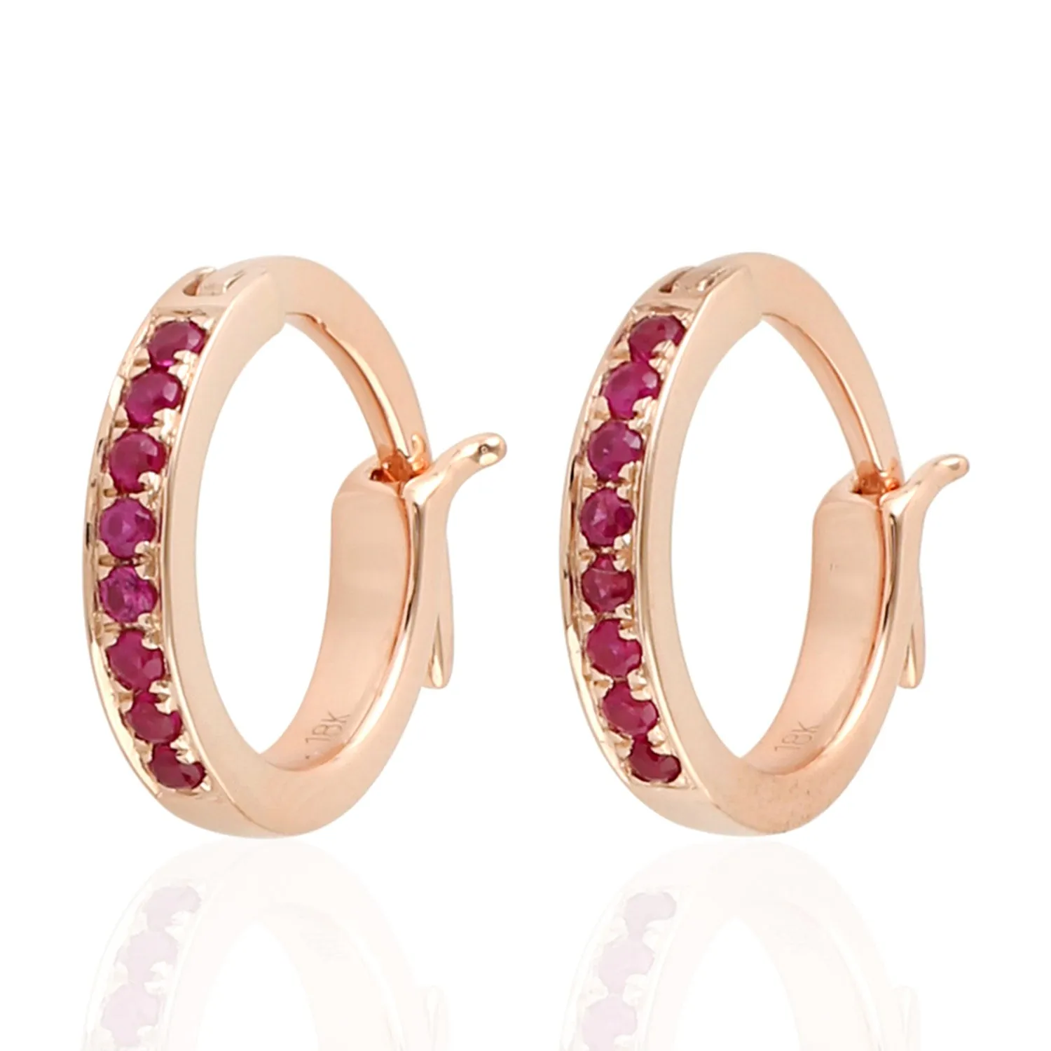 18K Rose Gold Prong Set Ruby Gemstone Minimal Huggie Earrings