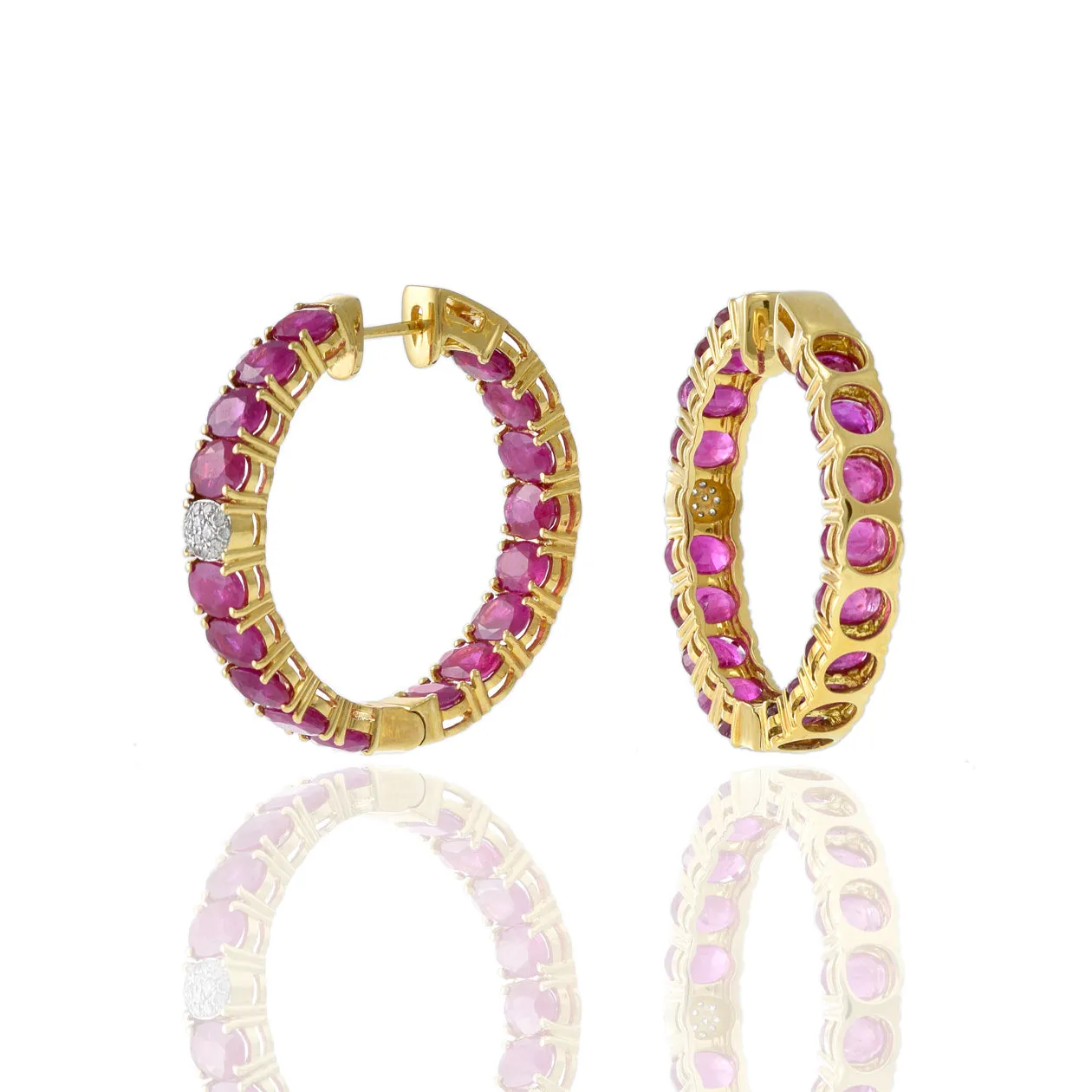 18KT Yellow Gold Oval Ruby And Diamond Hoop Earrings