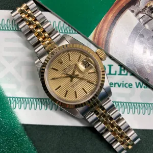 1990 Rolex Datejust 69173 Two Tone Jubilee Champagne Tapestry Dial Ladies Wristwatch Service Papers