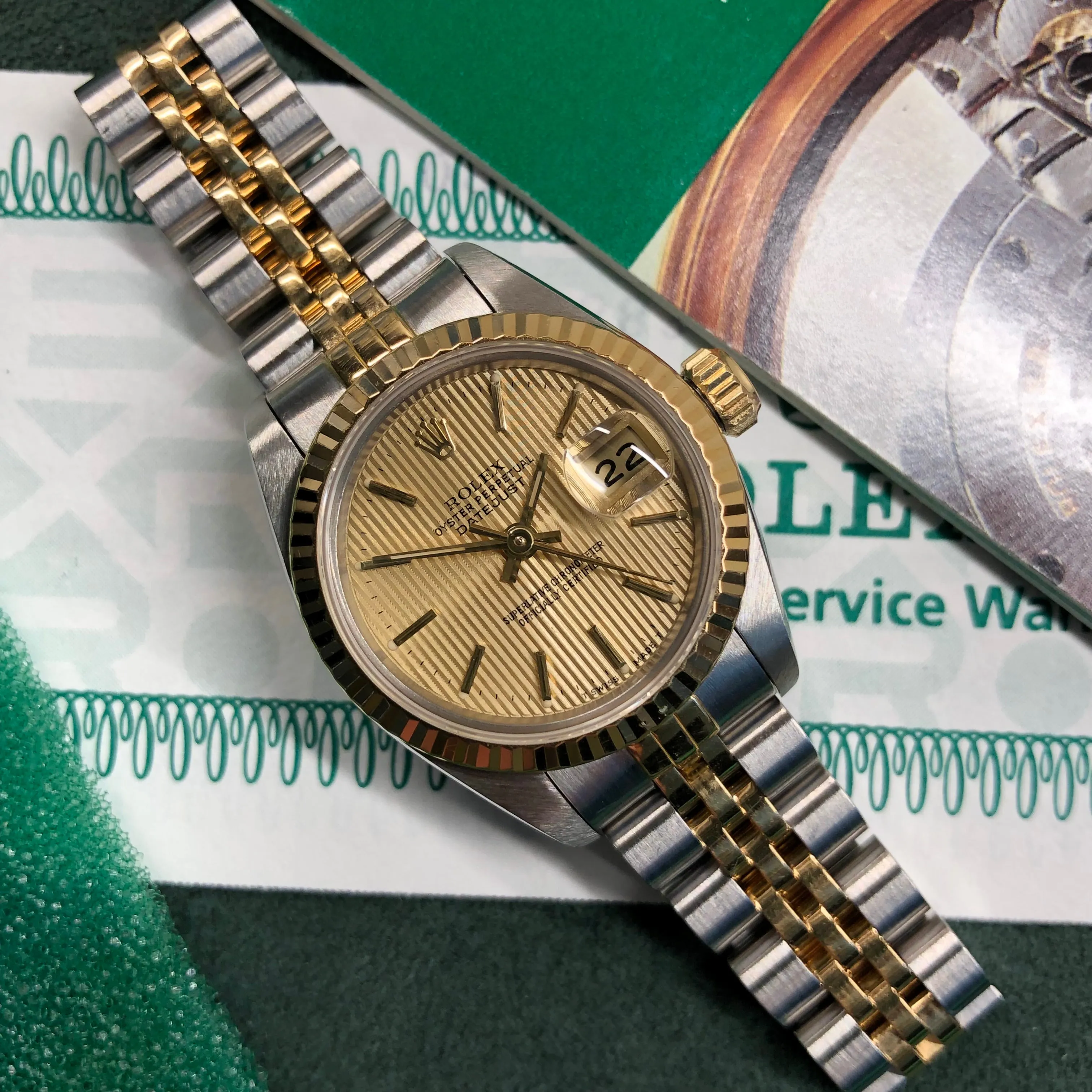 1990 Rolex Datejust 69173 Two Tone Jubilee Champagne Tapestry Dial Ladies Wristwatch Service Papers