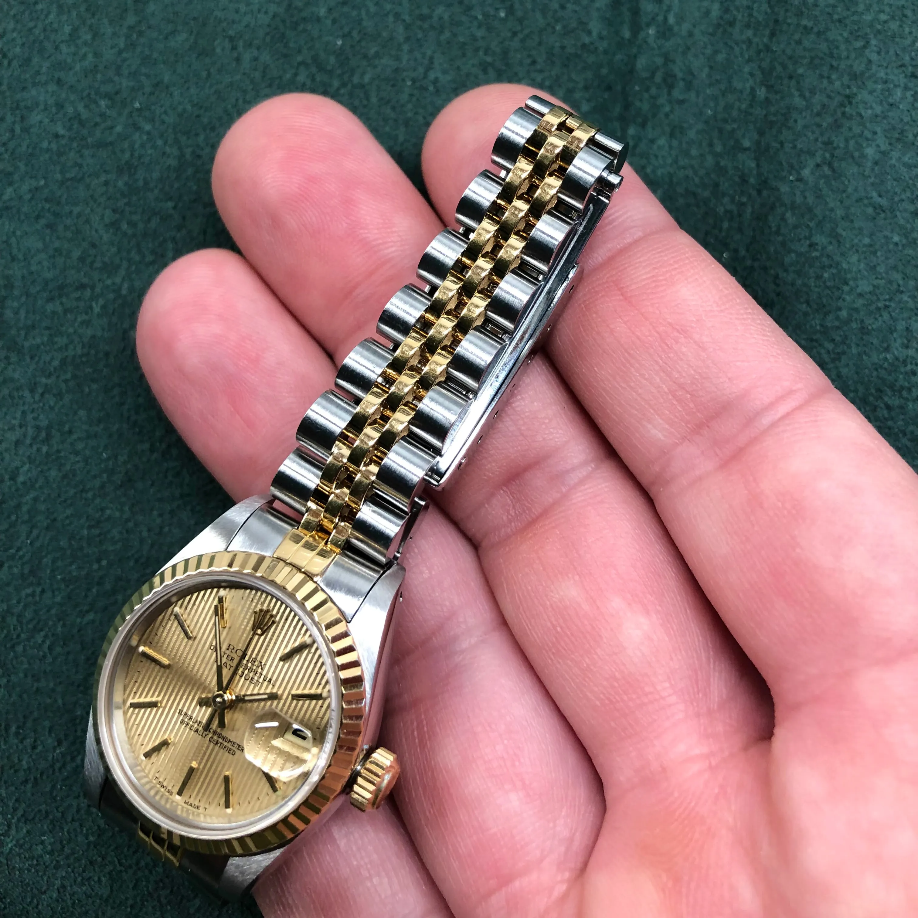 1990 Rolex Datejust 69173 Two Tone Jubilee Champagne Tapestry Dial Ladies Wristwatch Service Papers
