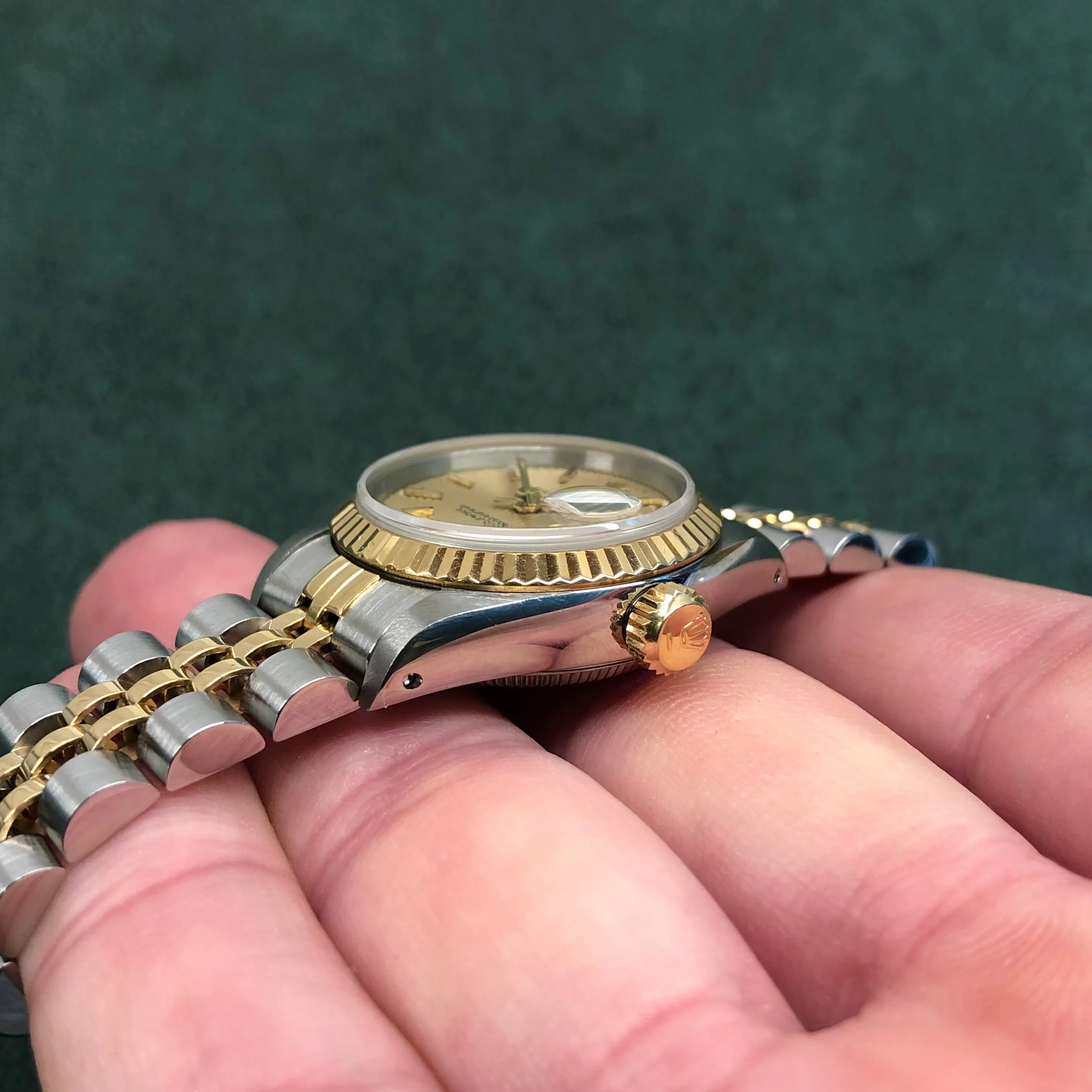 1990 Rolex Datejust 69173 Two Tone Jubilee Champagne Tapestry Dial Ladies Wristwatch Service Papers