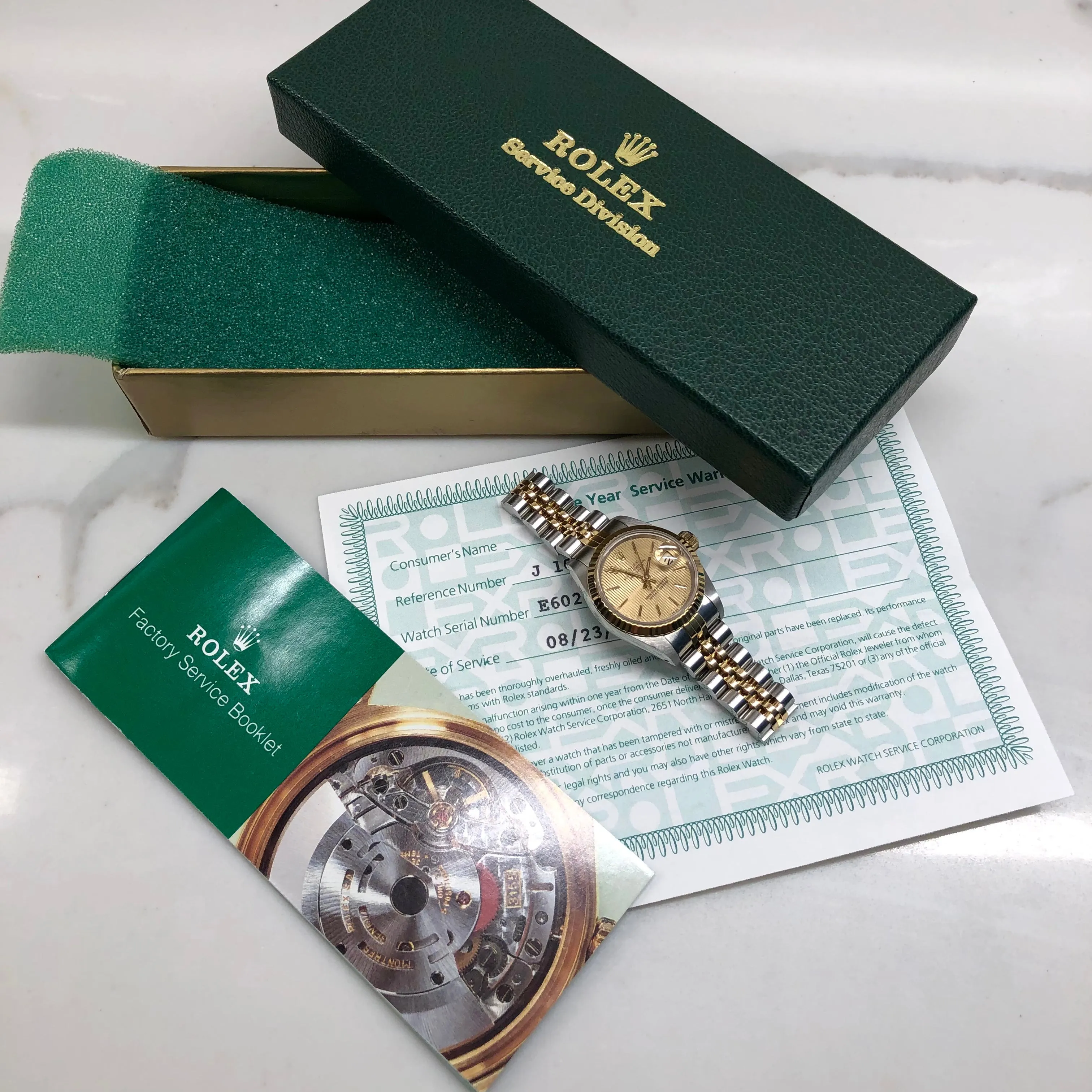 1990 Rolex Datejust 69173 Two Tone Jubilee Champagne Tapestry Dial Ladies Wristwatch Service Papers