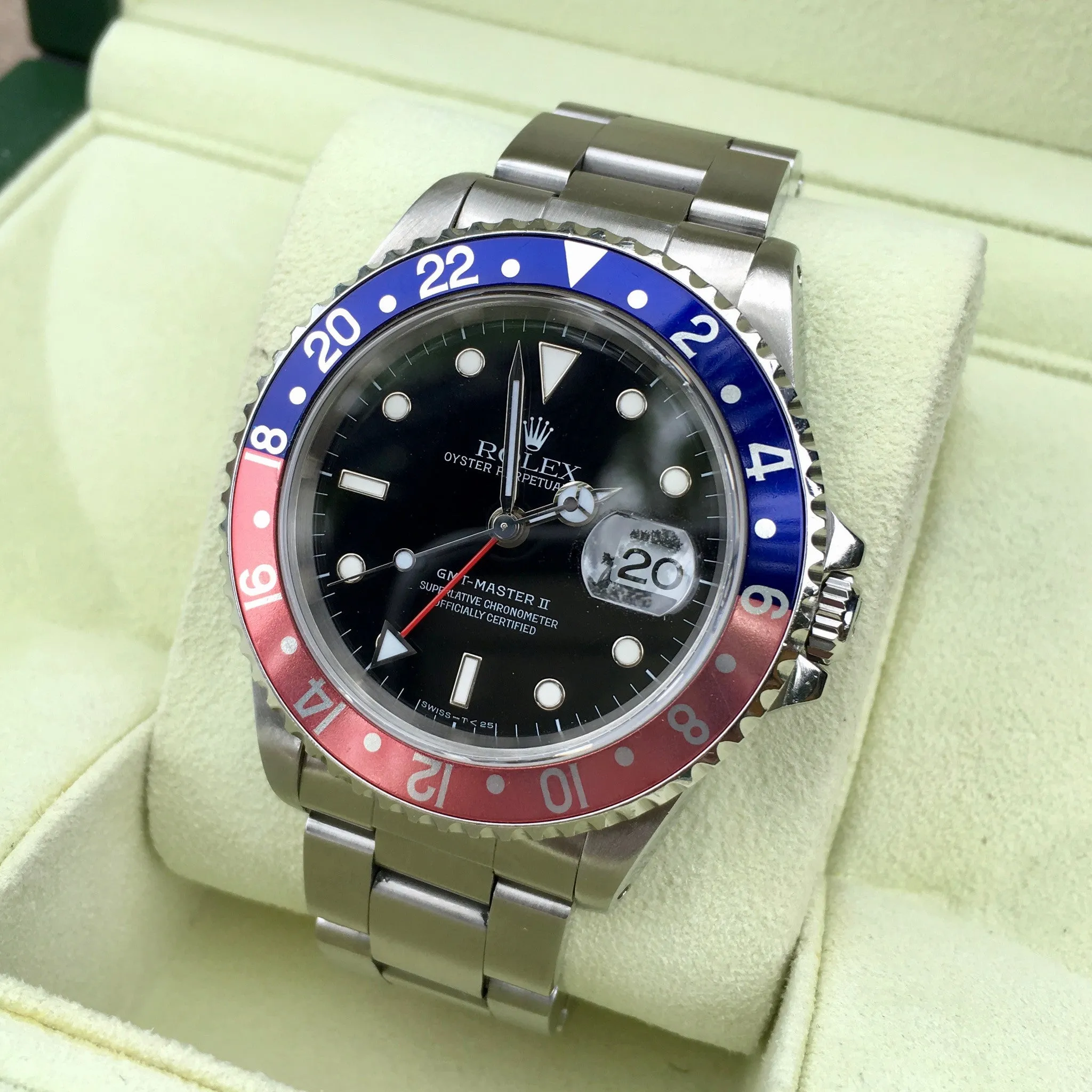 1997 Rolex GMT Master II 16710 Stainless Steel Pepsi "U" Serial Wristwatch Box Papers