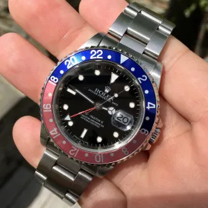 1997 Rolex GMT Master II 16710 Stainless Steel Pepsi "U" Serial Wristwatch Box Papers