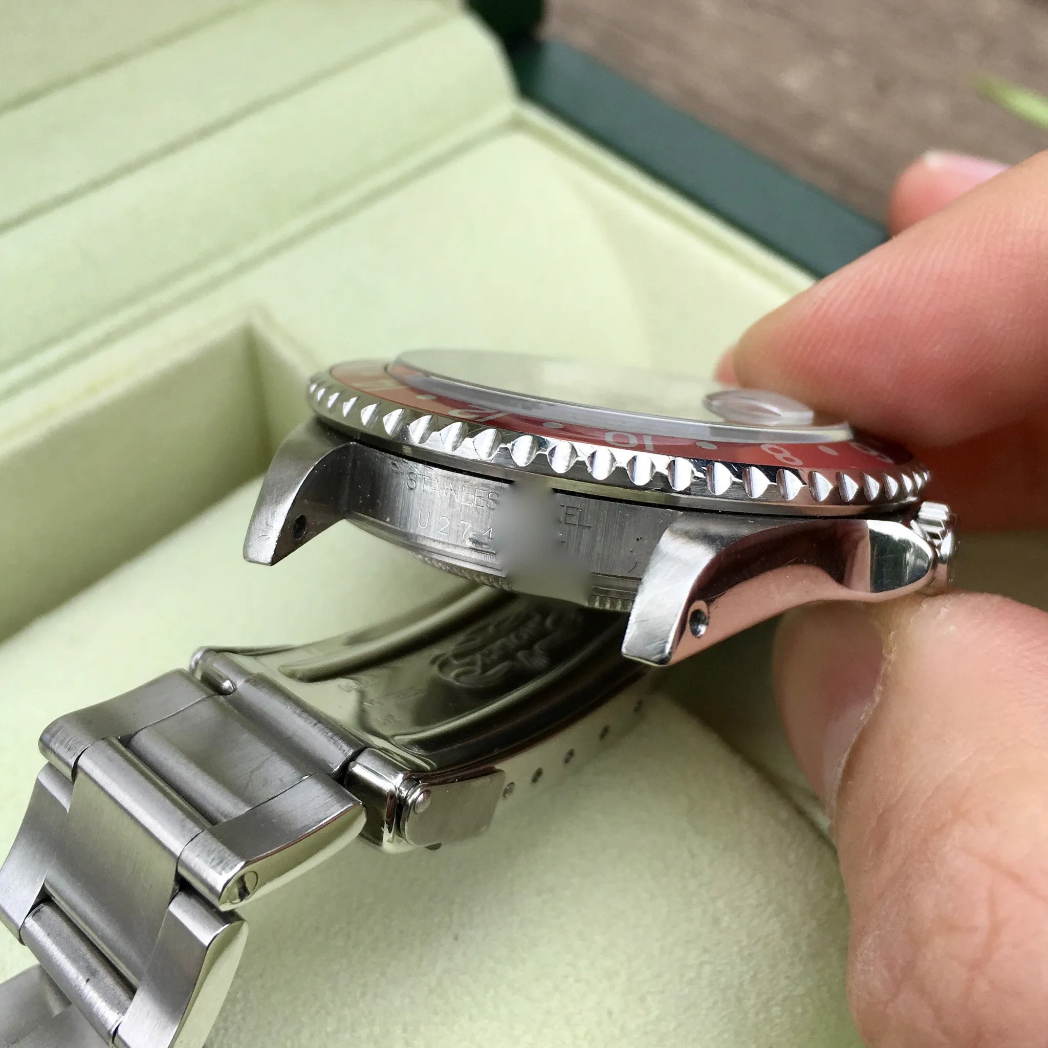 1997 Rolex GMT Master II 16710 Stainless Steel Pepsi "U" Serial Wristwatch Box Papers