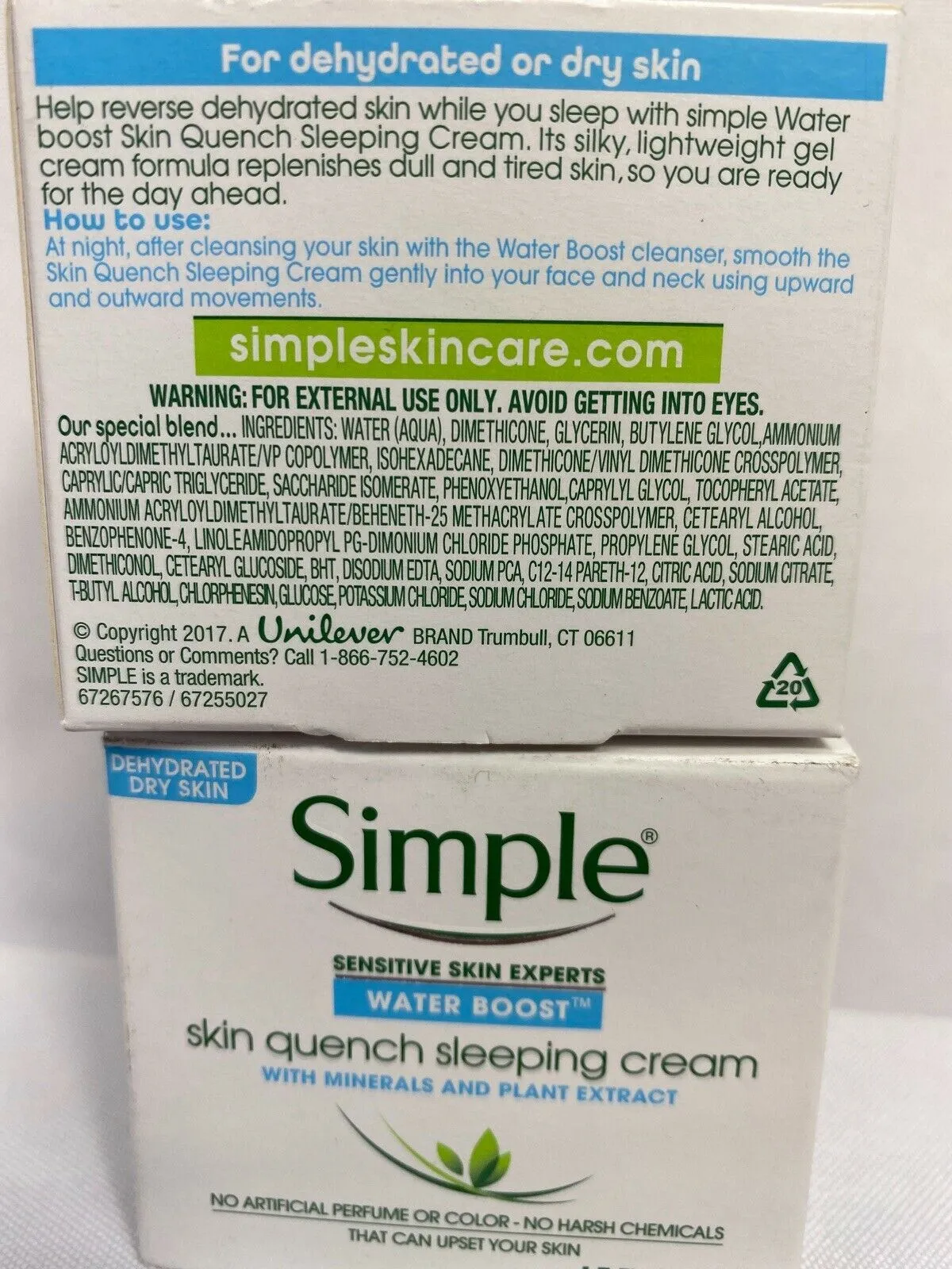 (2) Simple Water Boost Quench Sleeping Creme 1.7oz Each Moisturizer Night Time