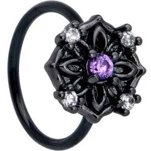 20 Gauge 5/16 Purple CZ Gem Black Flower Ring Nose Hoop