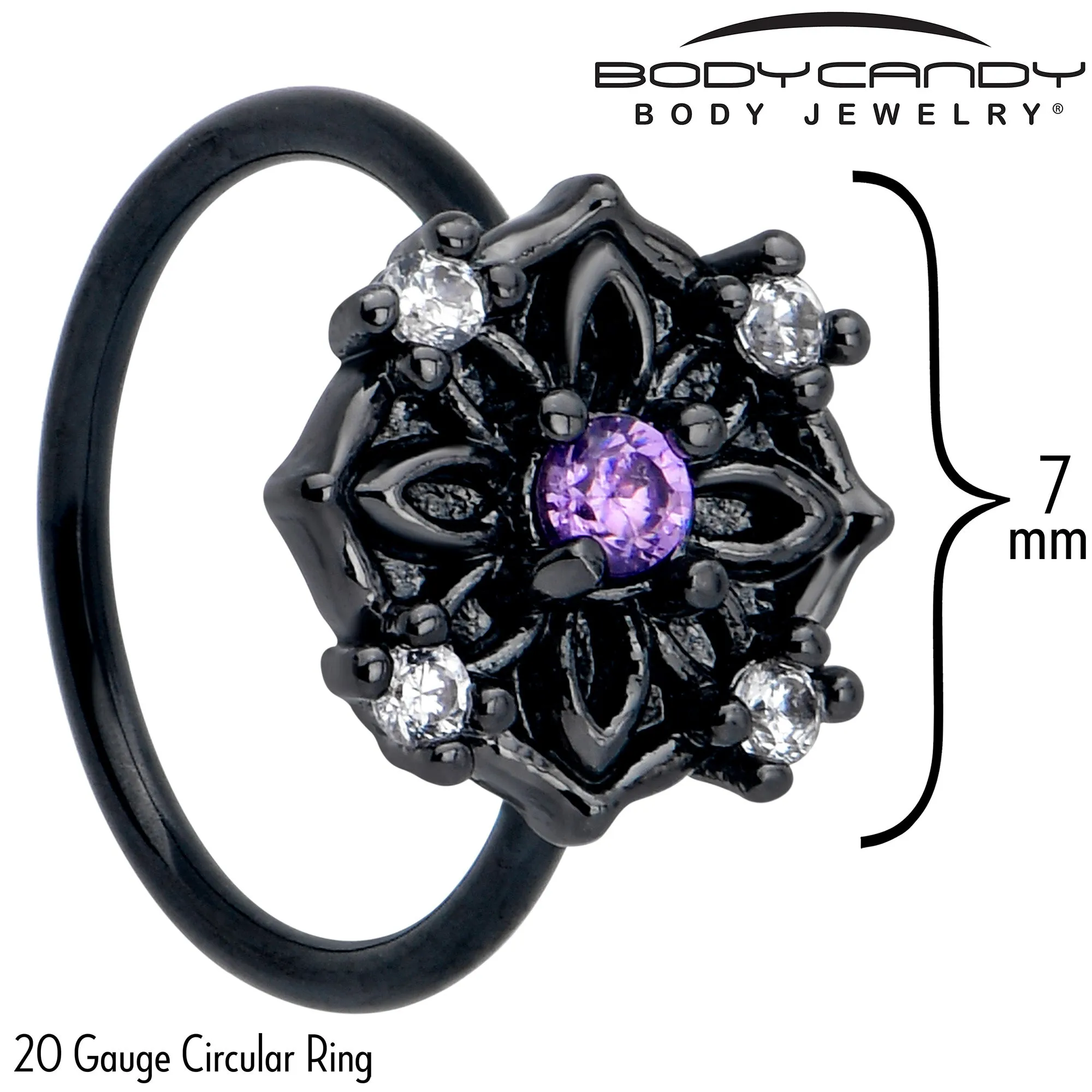 20 Gauge 5/16 Purple CZ Gem Black Flower Ring Nose Hoop