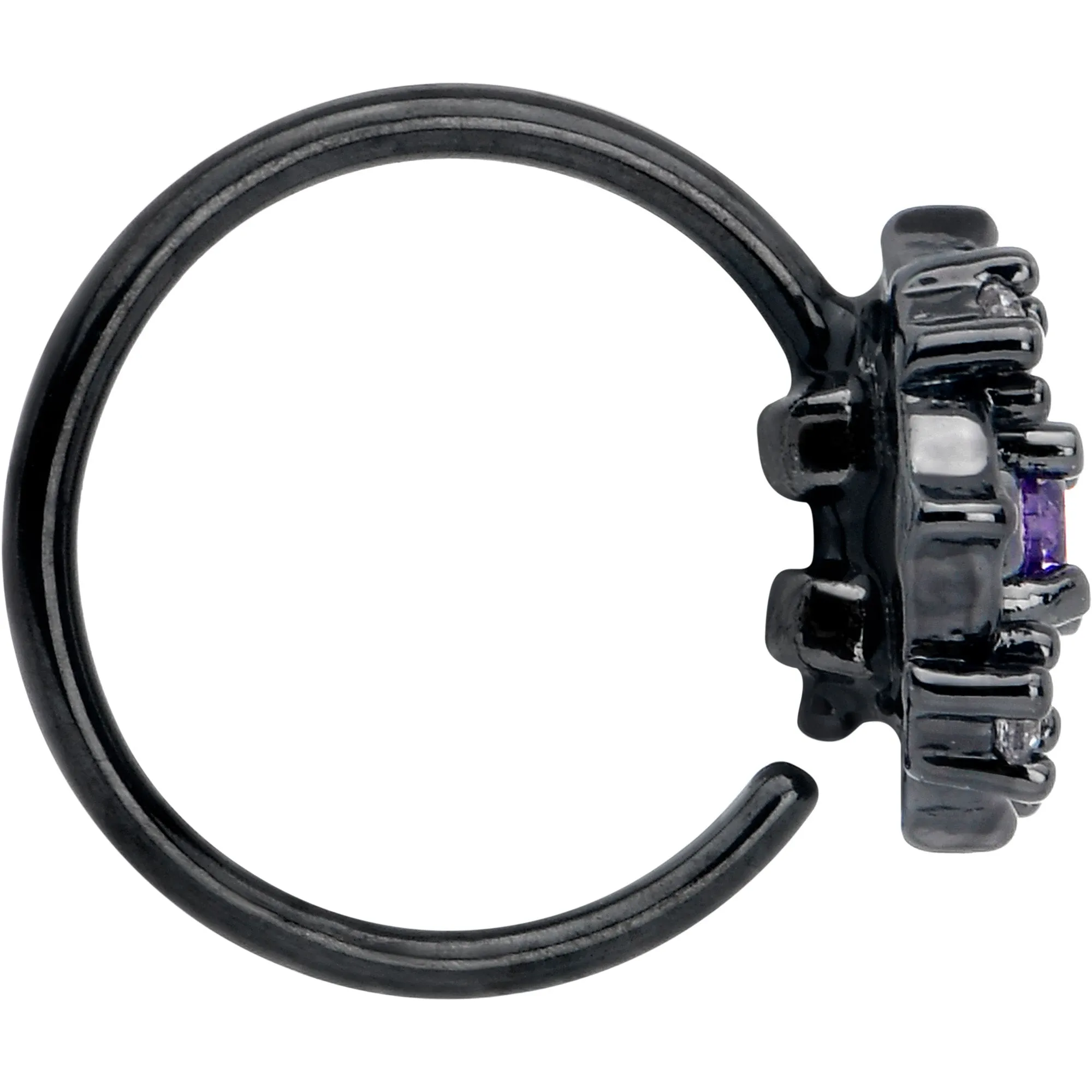20 Gauge 5/16 Purple CZ Gem Black Flower Ring Nose Hoop