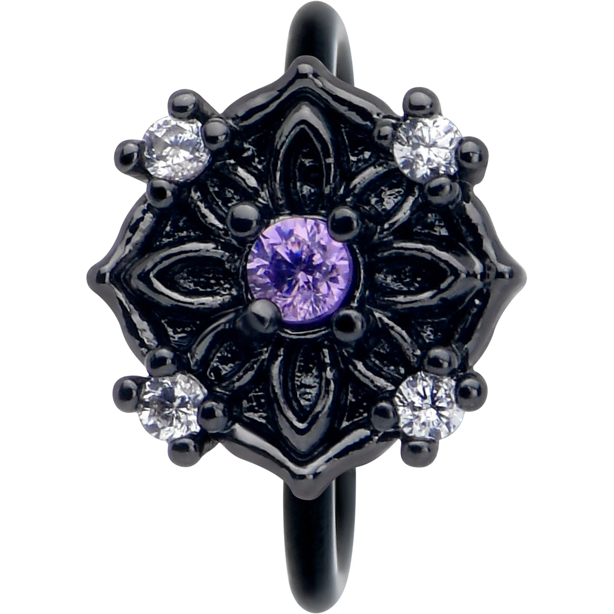 20 Gauge 5/16 Purple CZ Gem Black Flower Ring Nose Hoop