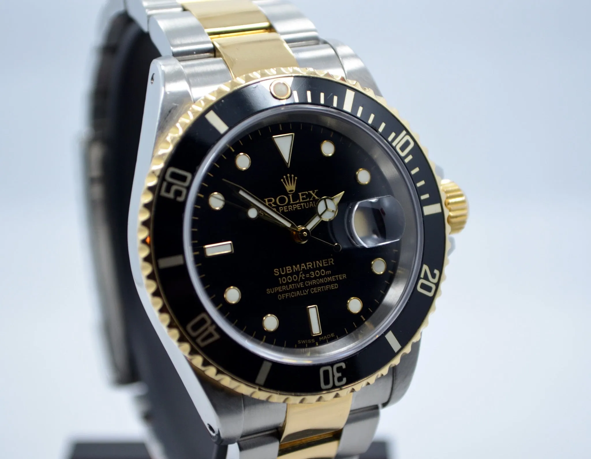 2001 Rolex Submariner 16613 Black Steel Gold Two Tone "K" Serial Wristwatch