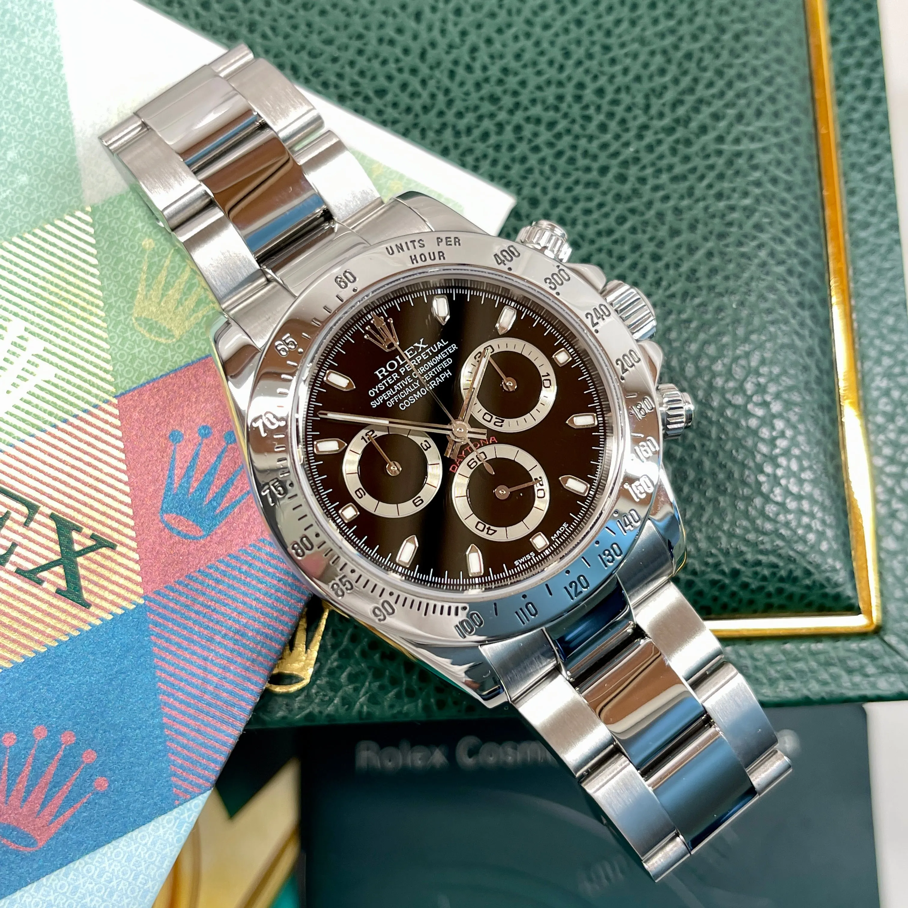2002 Rolex Daytona Cosmograph 116520 Black Steel Oyster Chronograph Box Papers