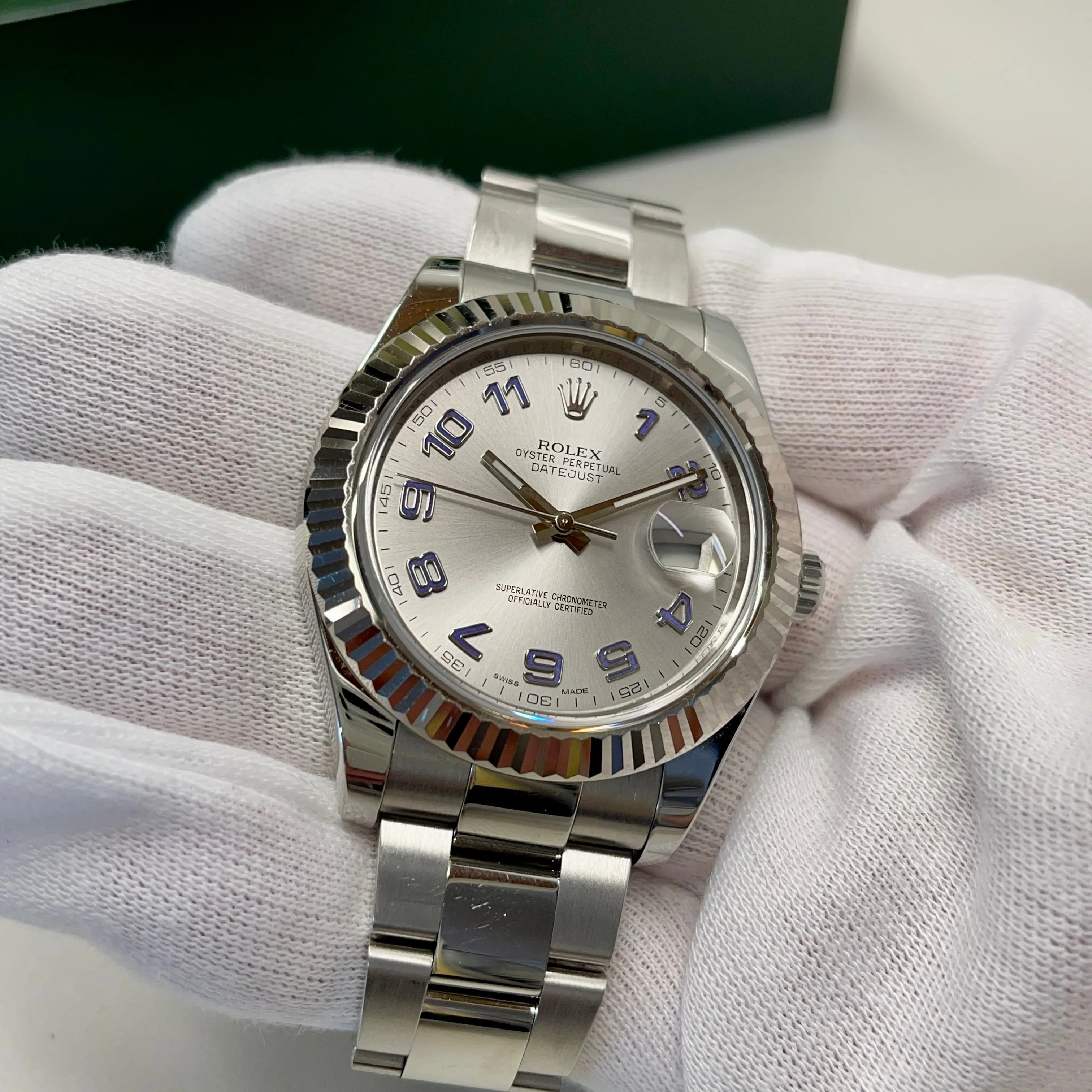 2014 Rolex Datejust II 116334 Rhodium Arabic Fluted 18K Steel Oyster 41mm Wristwatch Box Papers