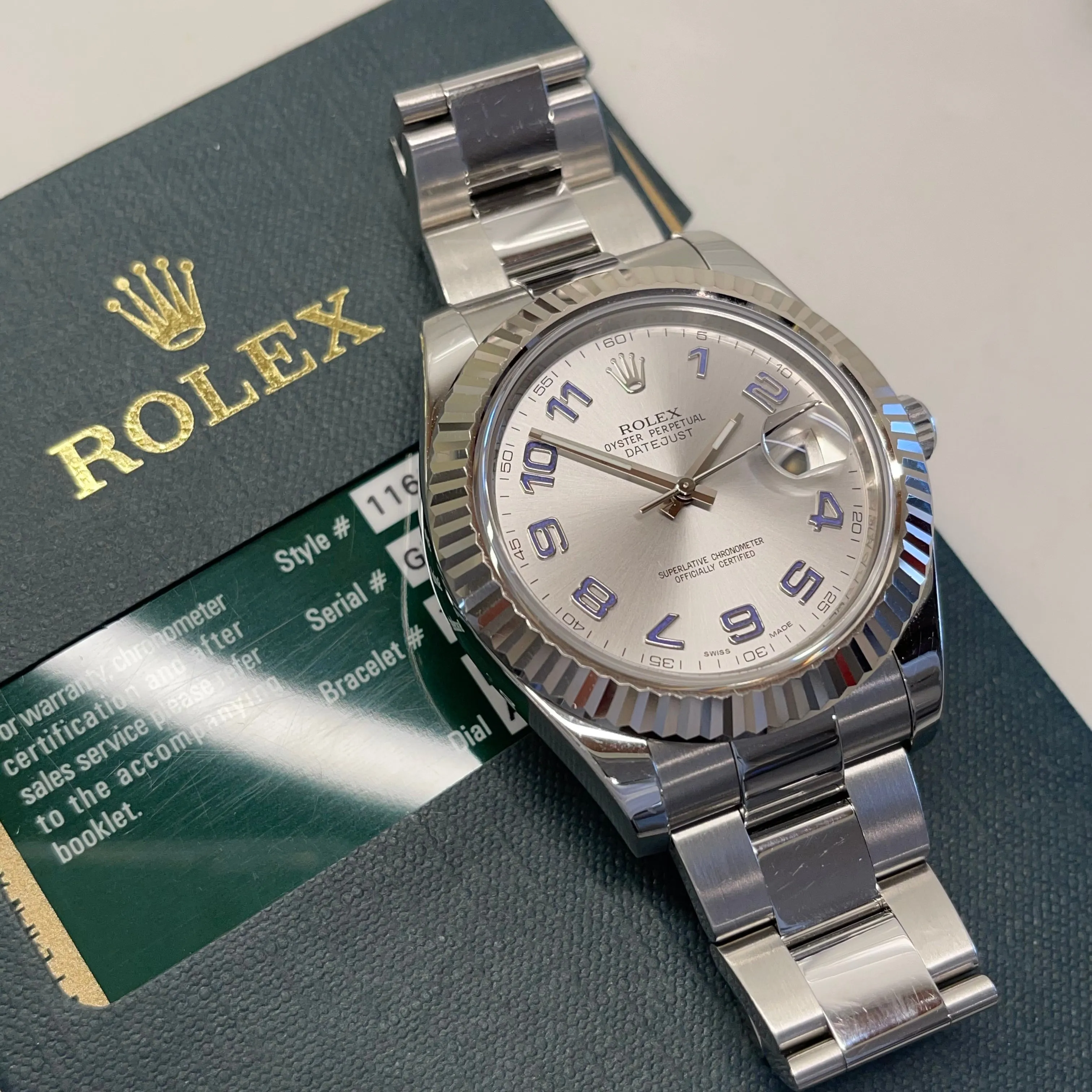 2014 Rolex Datejust II 116334 Rhodium Arabic Fluted 18K Steel Oyster 41mm Wristwatch Box Papers