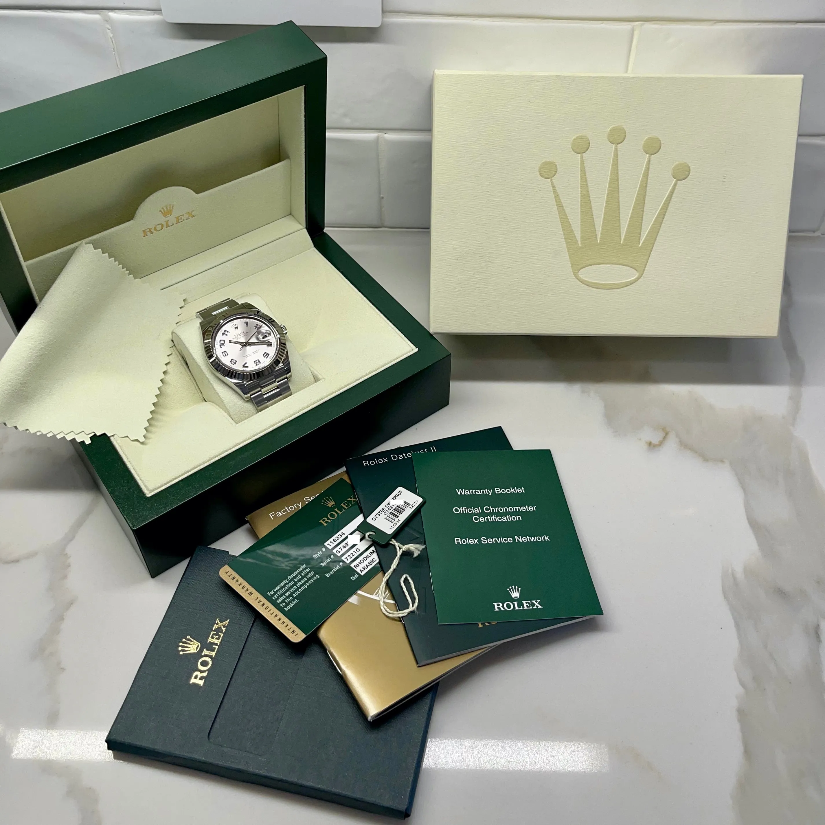 2014 Rolex Datejust II 116334 Rhodium Arabic Fluted 18K Steel Oyster 41mm Wristwatch Box Papers