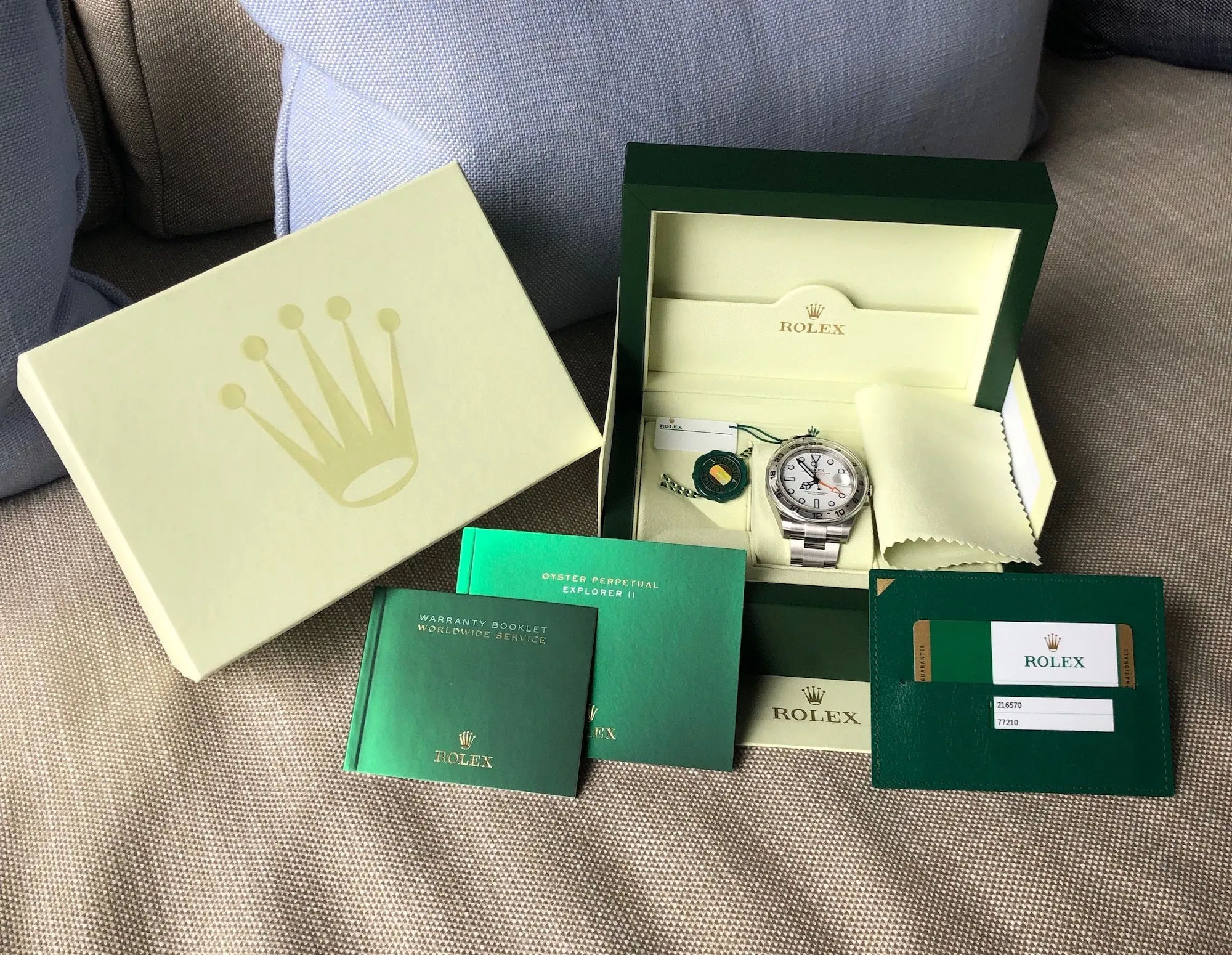 2018 Rolex Explorer II 216570 White Steel GMT Oyster Perpetual Wristwatch Box Papers Unworn