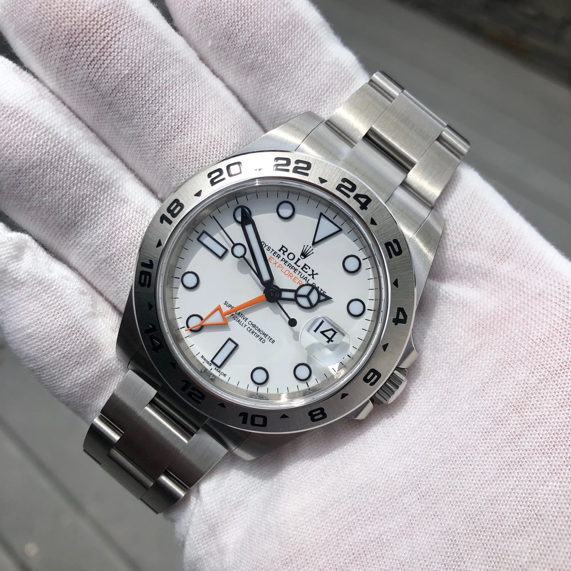 2018 Rolex Explorer II 216570 White Steel GMT Oyster Perpetual Wristwatch Box Papers Unworn