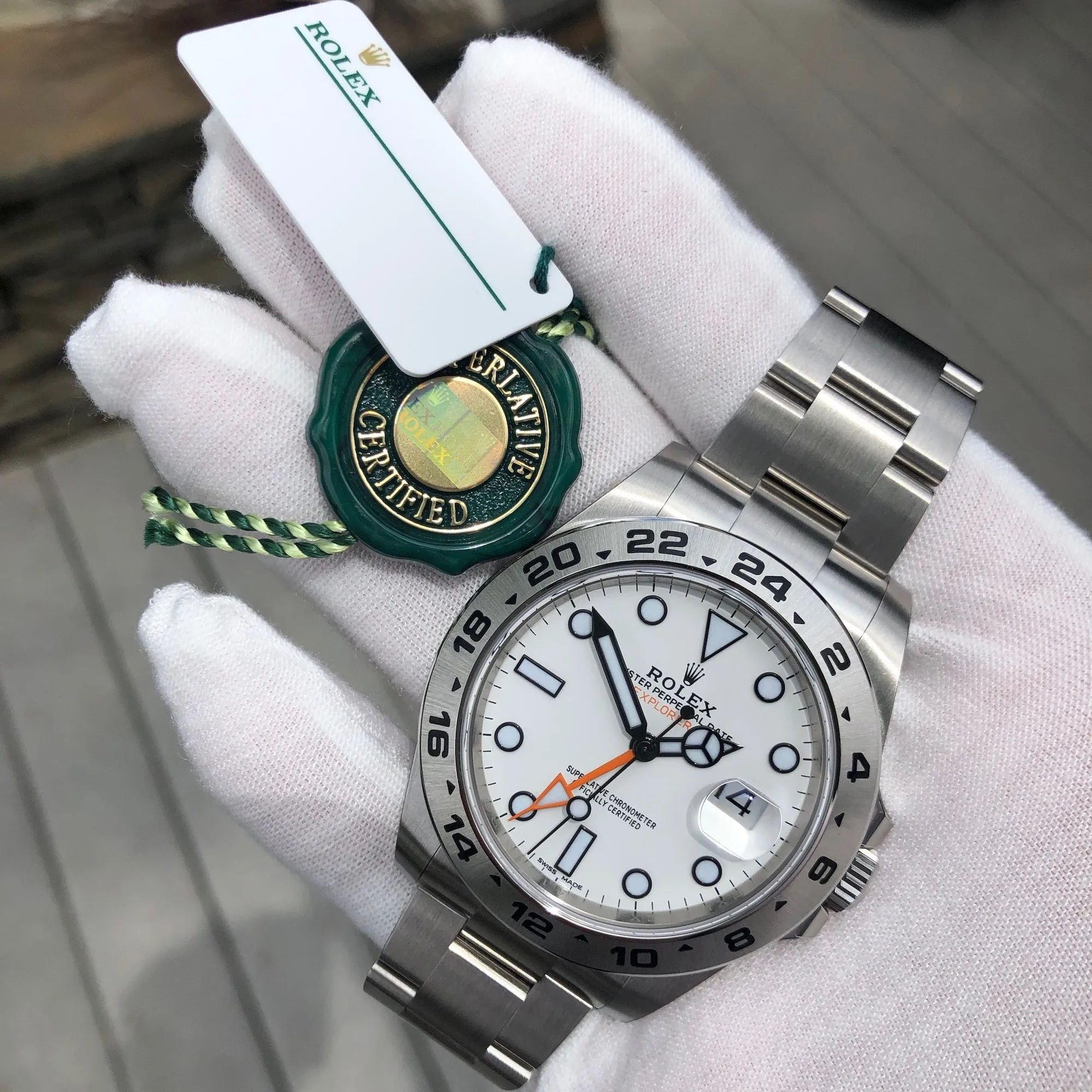 2018 Rolex Explorer II 216570 White Steel GMT Oyster Perpetual Wristwatch Box Papers Unworn