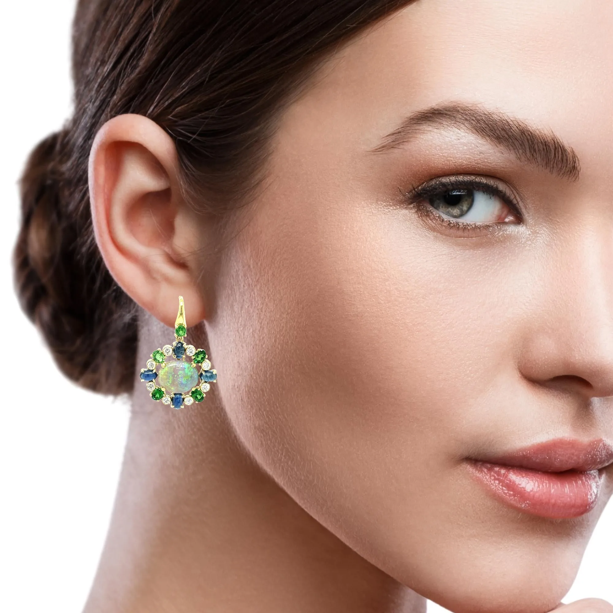 4.16 Carat Australian Opal, Green Garnet, Sapphire, Diamond Drop Earrings