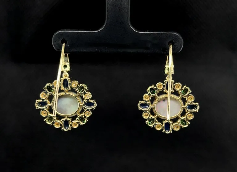 4.16 Carat Australian Opal, Green Garnet, Sapphire, Diamond Drop Earrings