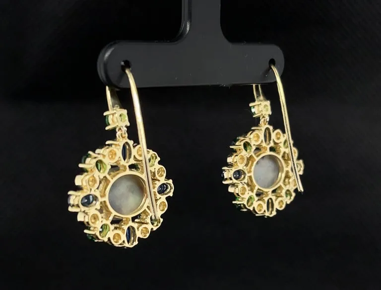 4.16 Carat Australian Opal, Green Garnet, Sapphire, Diamond Drop Earrings