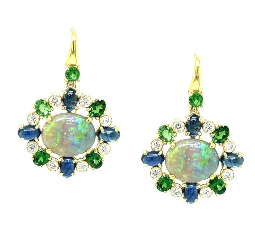4.16 Carat Australian Opal, Green Garnet, Sapphire, Diamond Drop Earrings