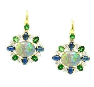 4.16 Carat Australian Opal, Green Garnet, Sapphire, Diamond Drop Earrings