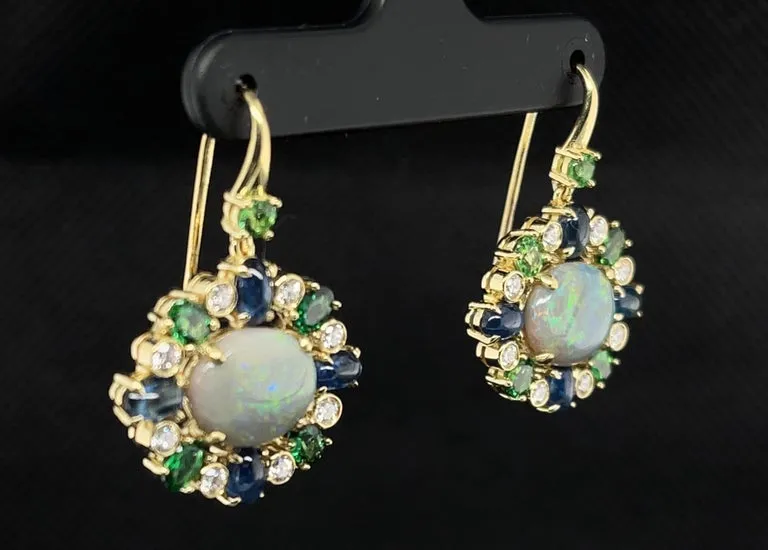 4.16 Carat Australian Opal, Green Garnet, Sapphire, Diamond Drop Earrings