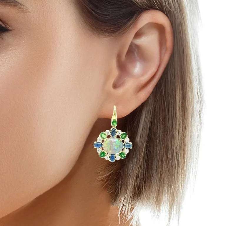 4.16 Carat Australian Opal, Green Garnet, Sapphire, Diamond Drop Earrings