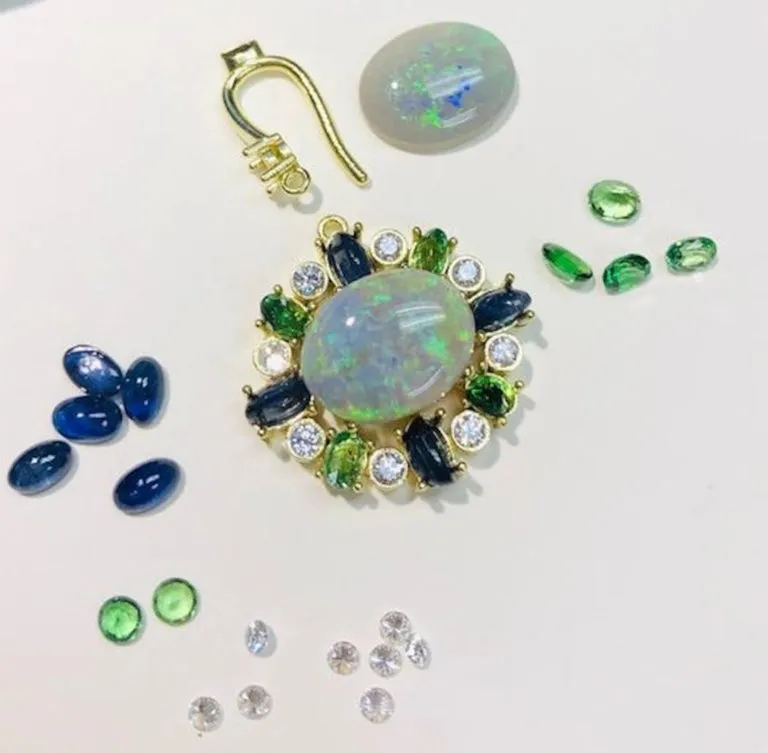 4.16 Carat Australian Opal, Green Garnet, Sapphire, Diamond Drop Earrings