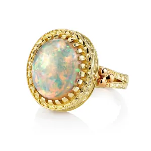 4.30 Carat Opal, Yellow Gold, Handmade Engraved Dome Solitaire Dome Band Ring