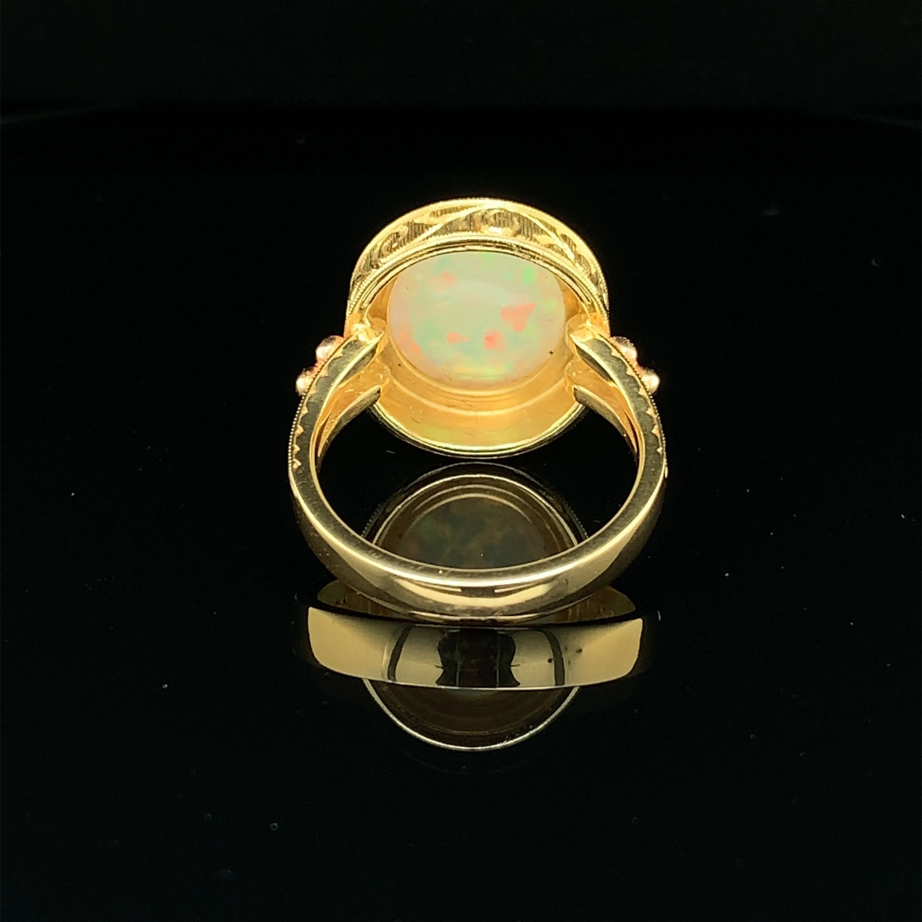 4.30 Carat Opal, Yellow Gold, Handmade Engraved Dome Solitaire Dome Band Ring