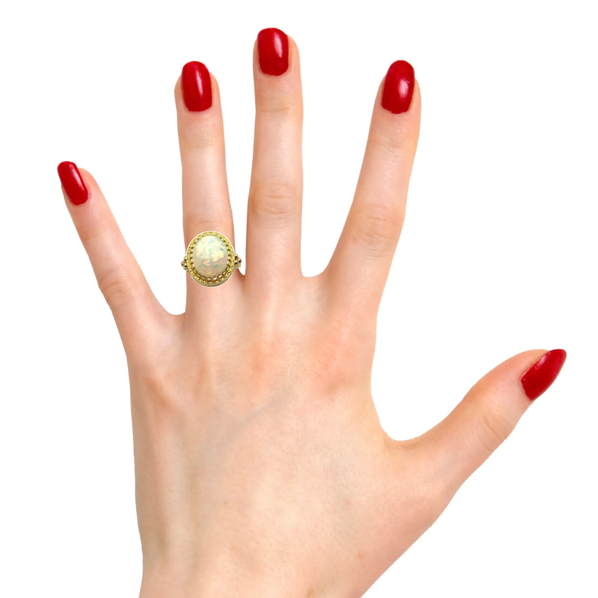 4.30 Carat Opal, Yellow Gold, Handmade Engraved Dome Solitaire Dome Band Ring