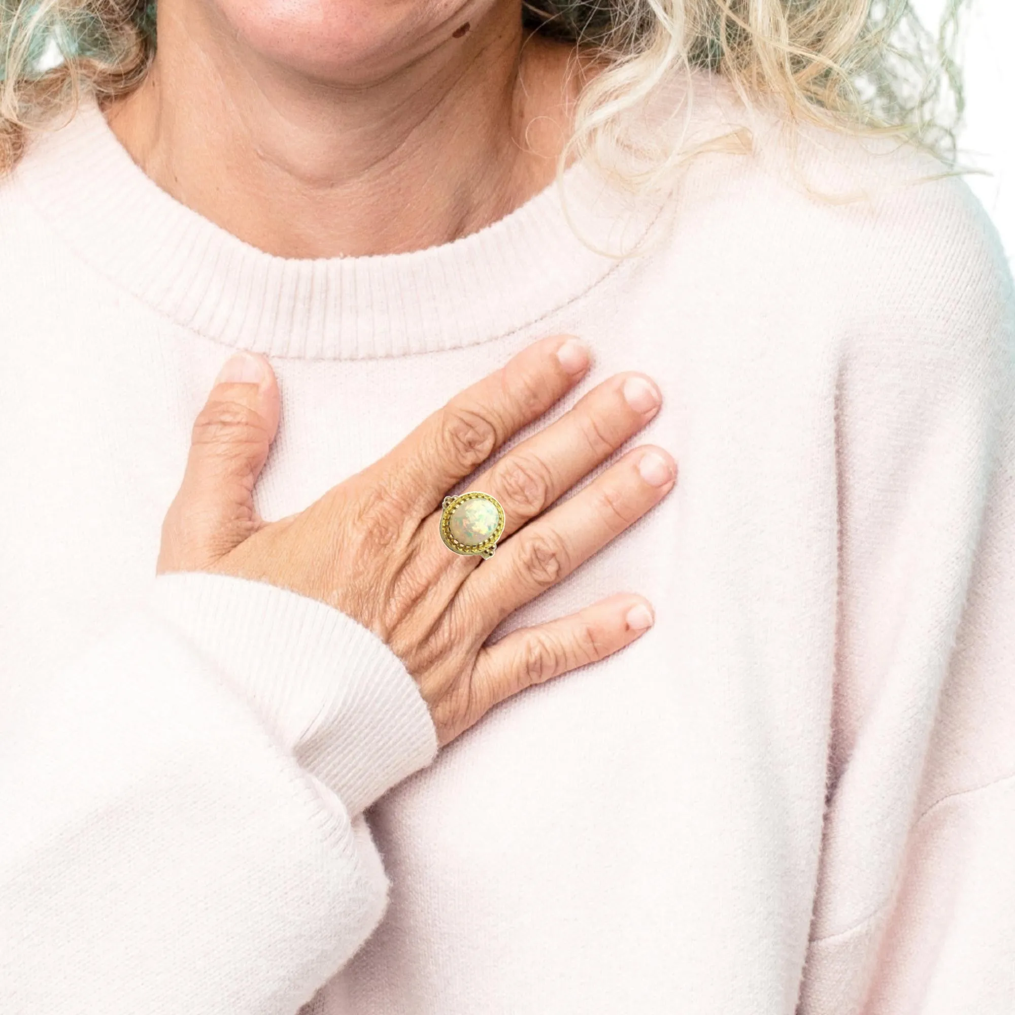 4.30 Carat Opal, Yellow Gold, Handmade Engraved Dome Solitaire Dome Band Ring