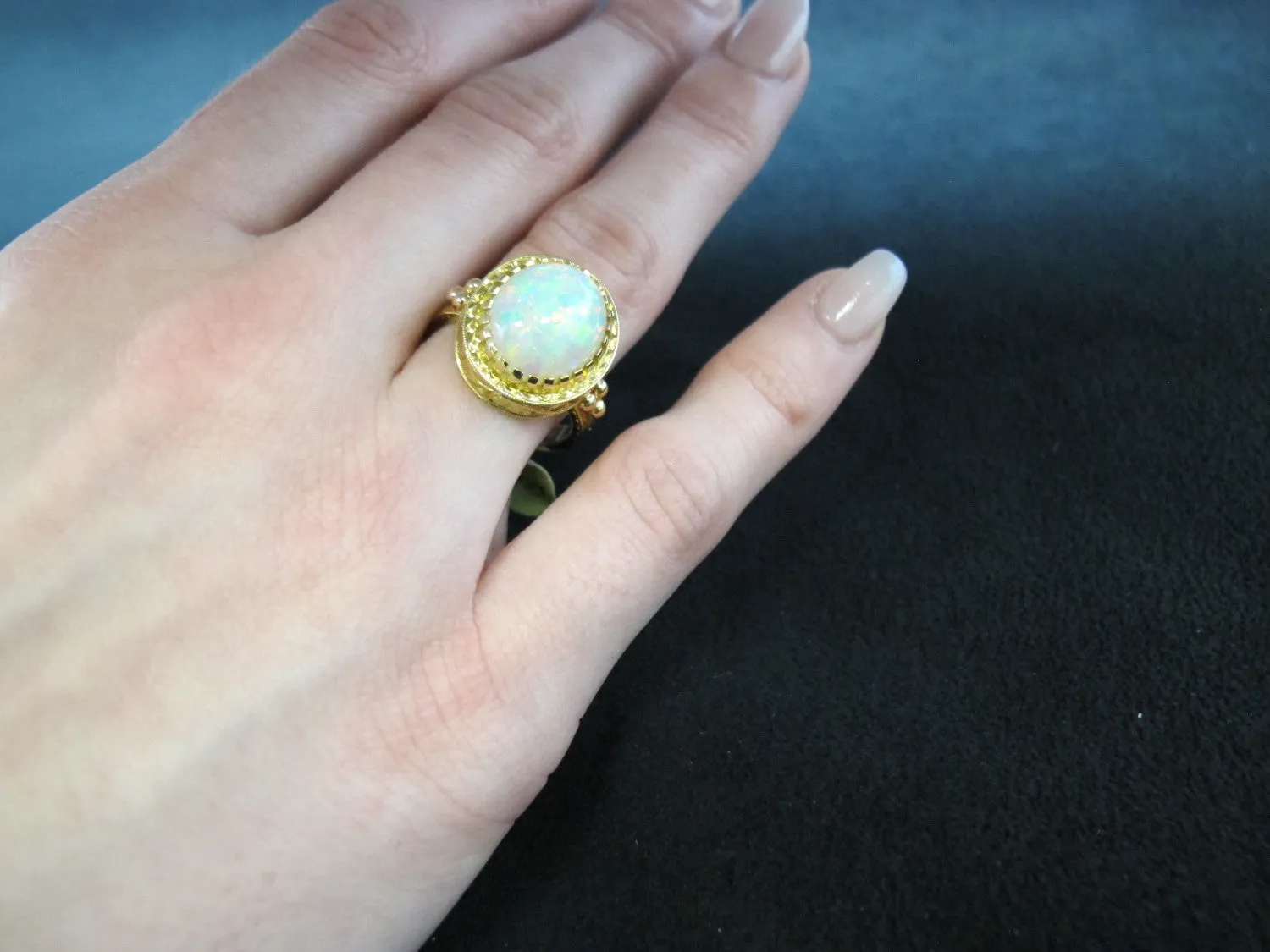 4.30 Carat Opal, Yellow Gold, Handmade Engraved Dome Solitaire Dome Band Ring