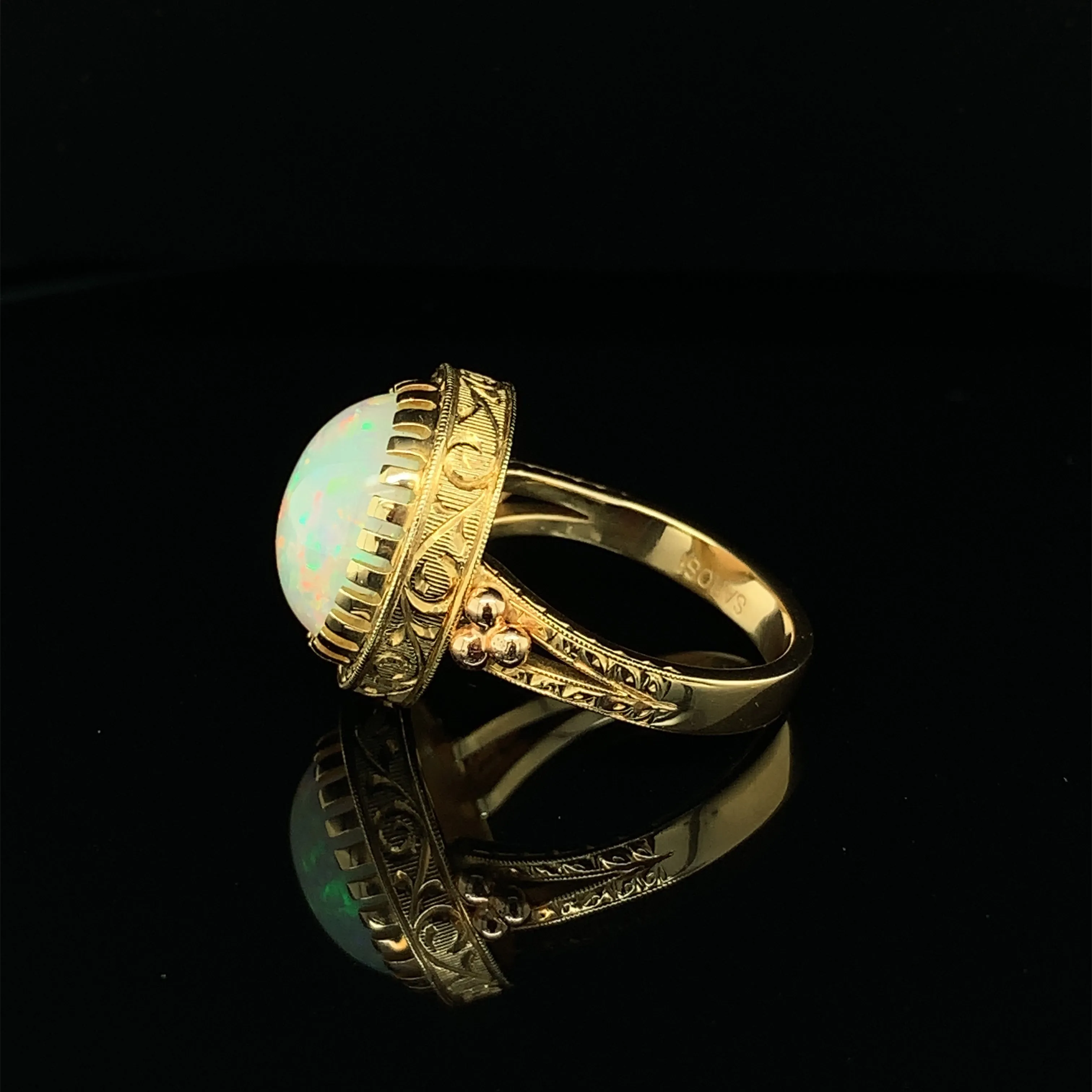 4.30 Carat Opal, Yellow Gold, Handmade Engraved Dome Solitaire Dome Band Ring