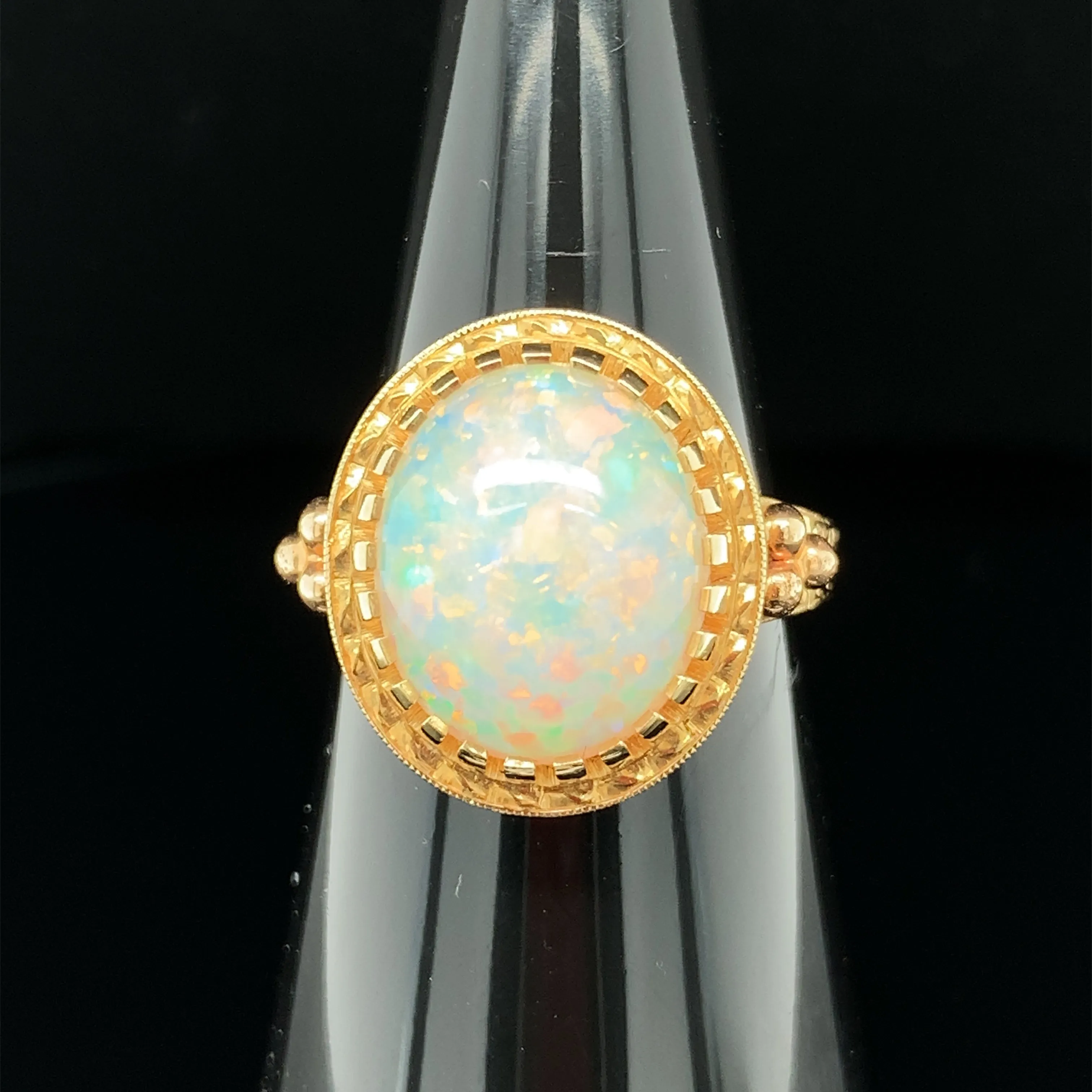 4.30 Carat Opal, Yellow Gold, Handmade Engraved Dome Solitaire Dome Band Ring