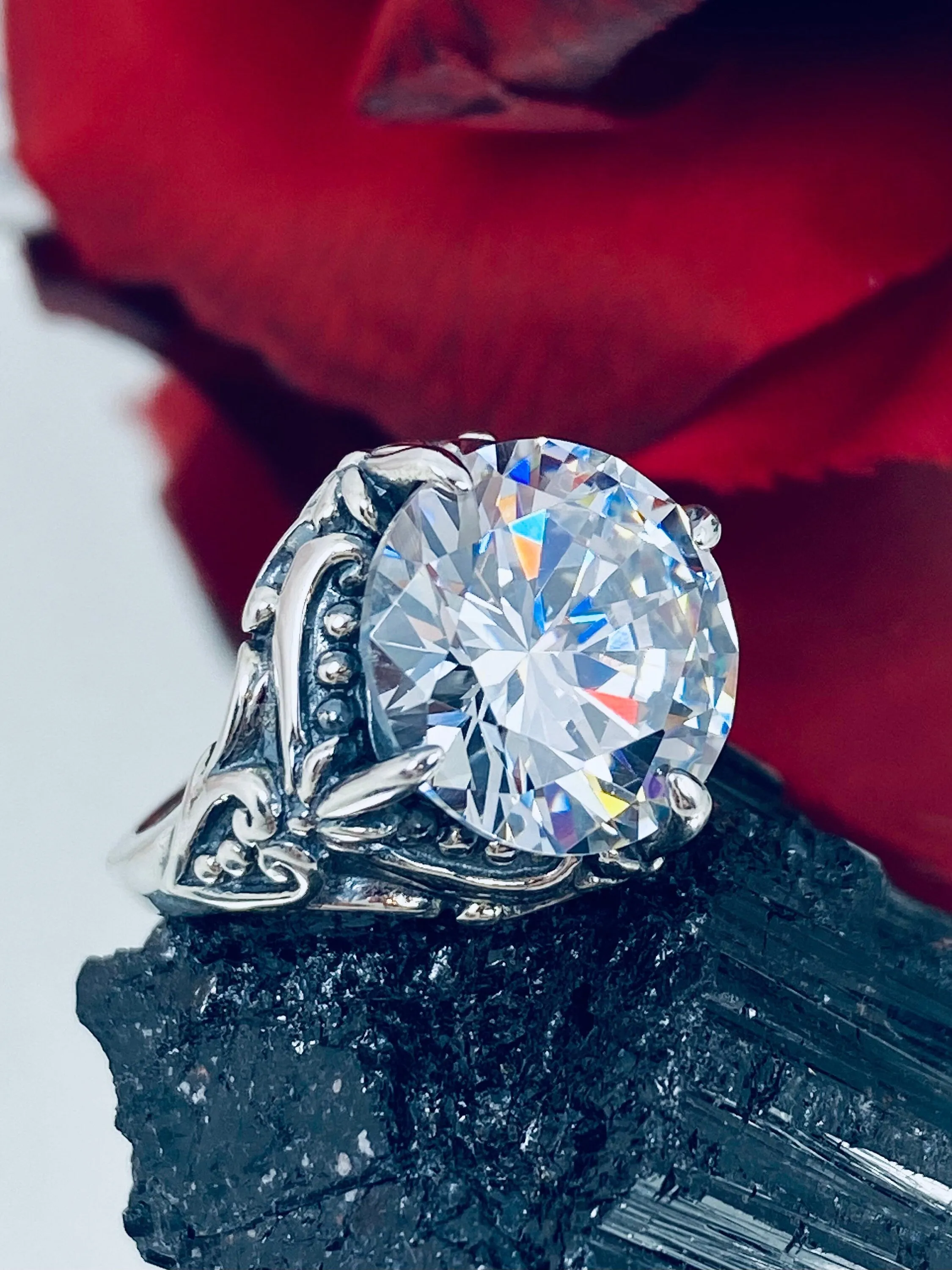 6ct White CZ Ring, Size 7, Victorian Filigree, Round Cut Orb Design, D82 - Ready to Ship