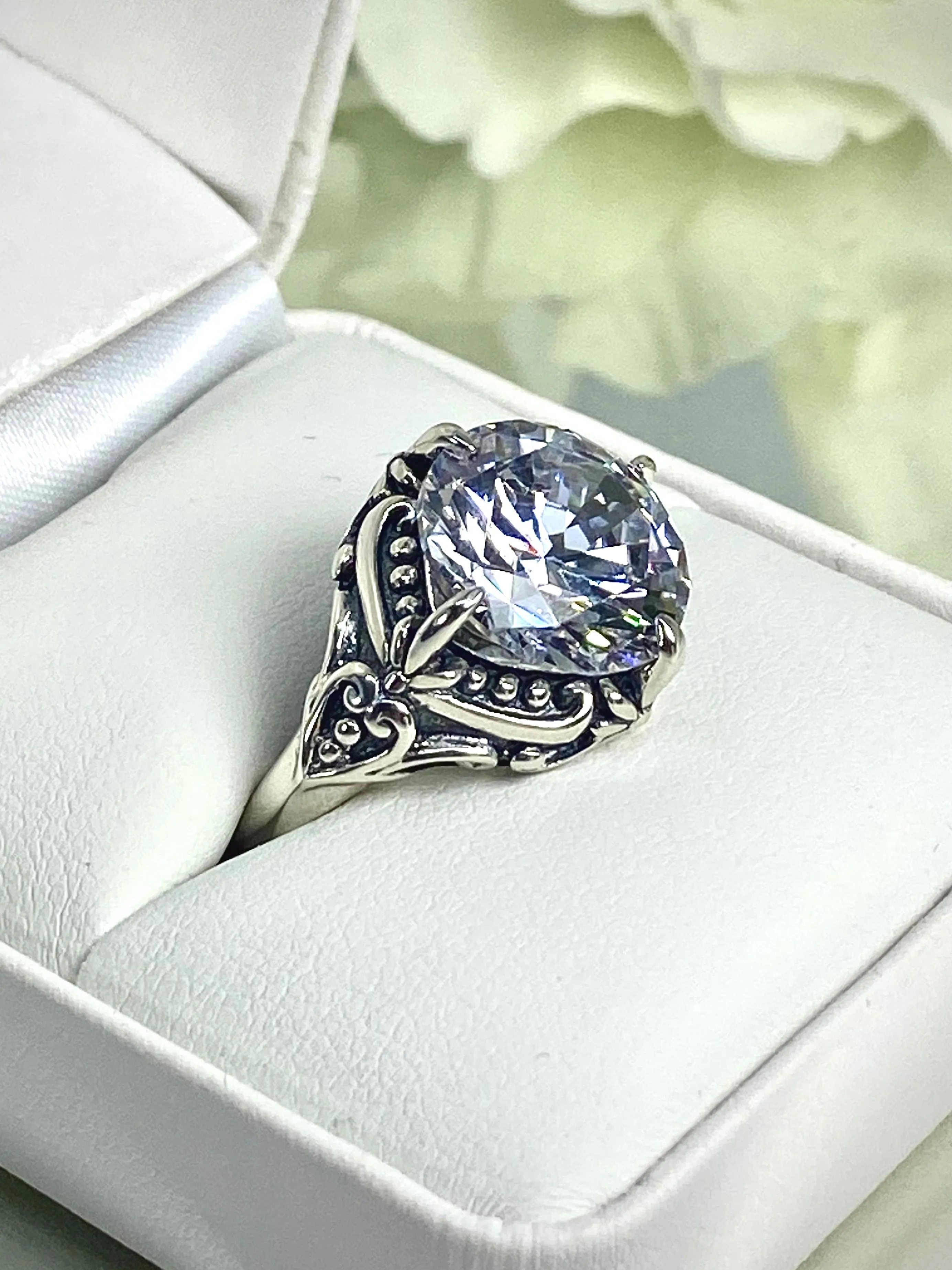 6ct White CZ Ring, Size 7, Victorian Filigree, Round Cut Orb Design, D82 - Ready to Ship