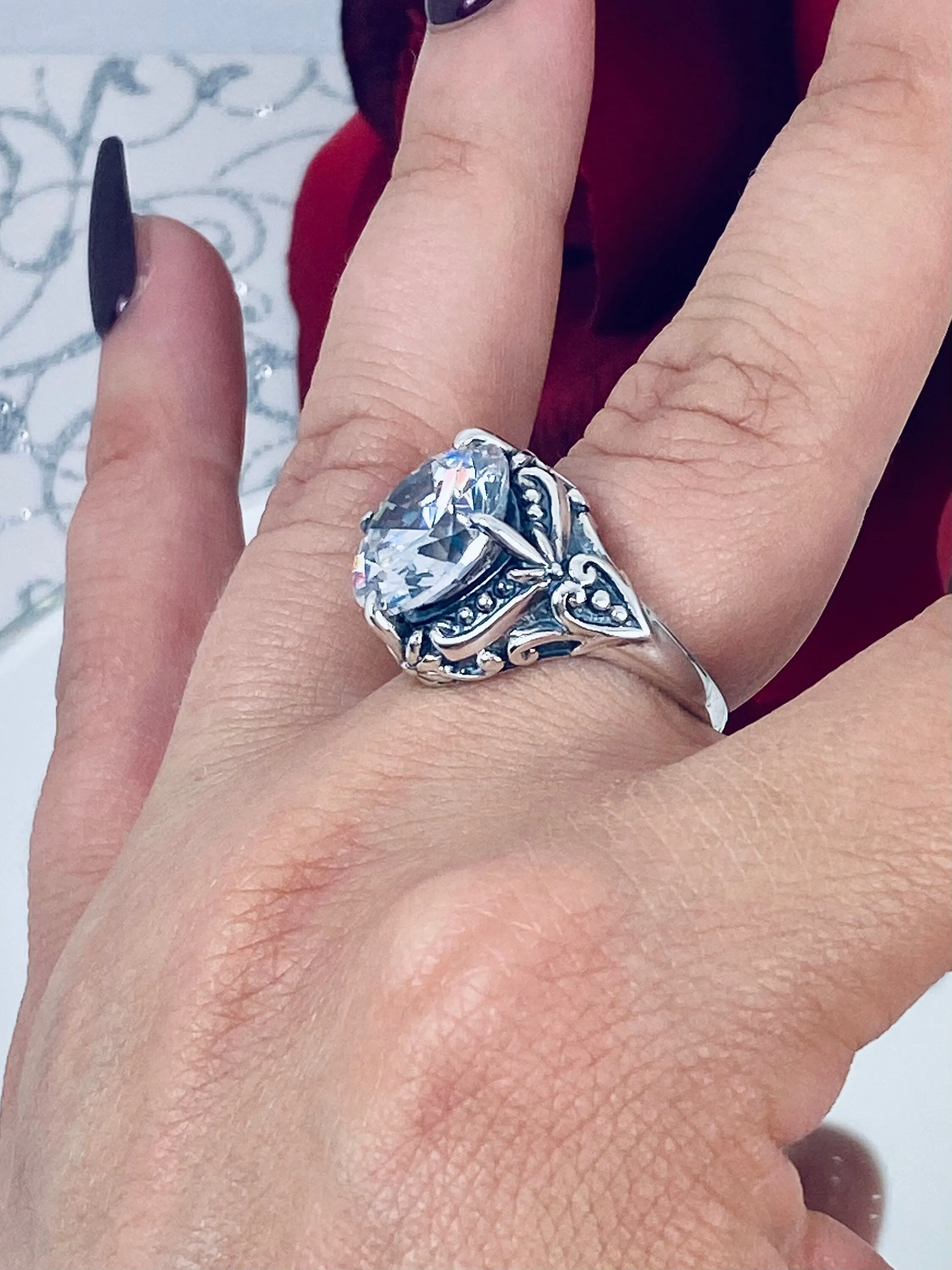 6ct White CZ Ring, Size 7, Victorian Filigree, Round Cut Orb Design, D82 - Ready to Ship