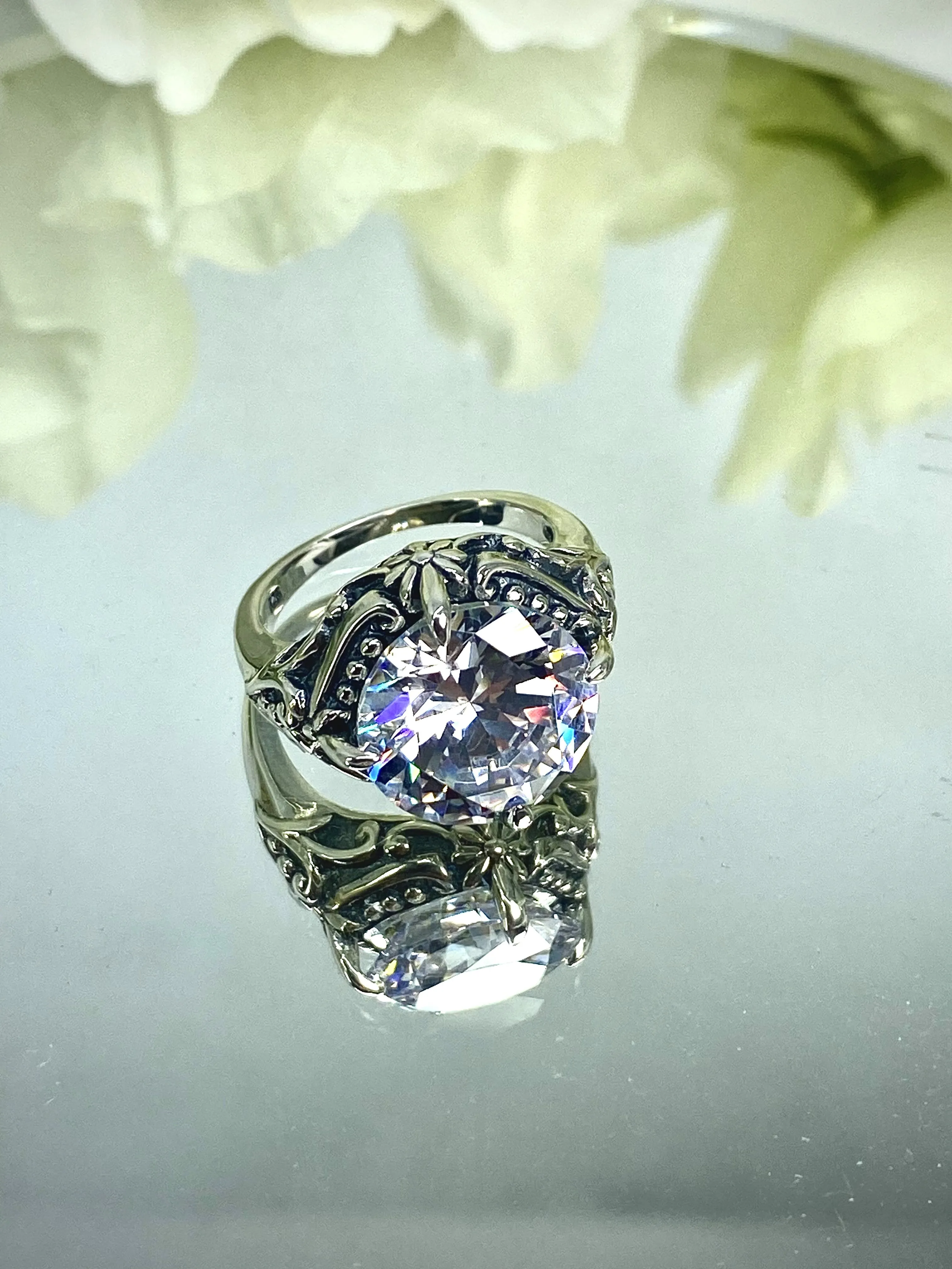 6ct White CZ Ring, Size 7, Victorian Filigree, Round Cut Orb Design, D82 - Ready to Ship