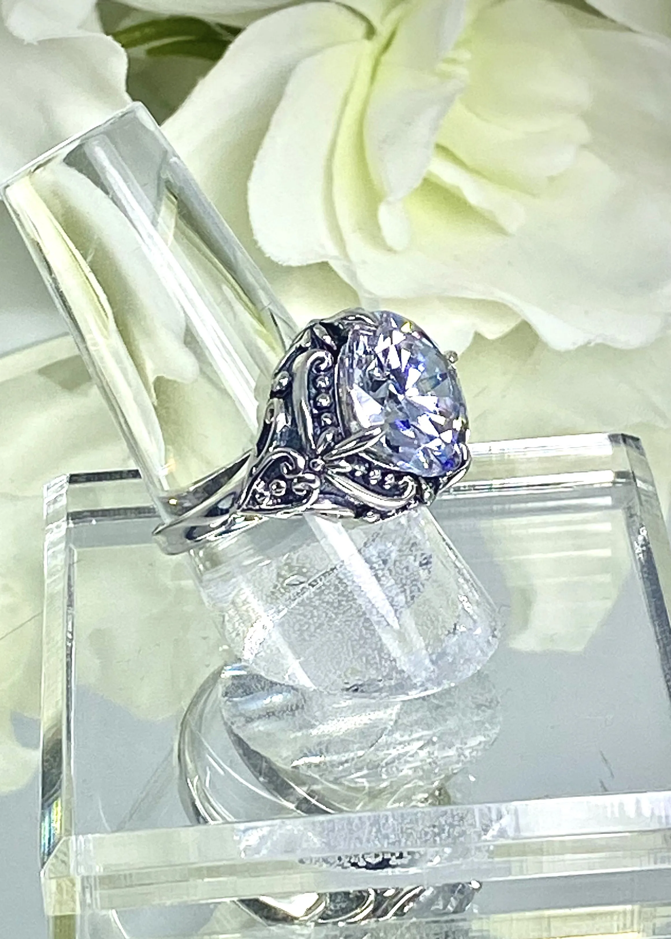 6ct White CZ Ring, Size 7, Victorian Filigree, Round Cut Orb Design, D82 - Ready to Ship