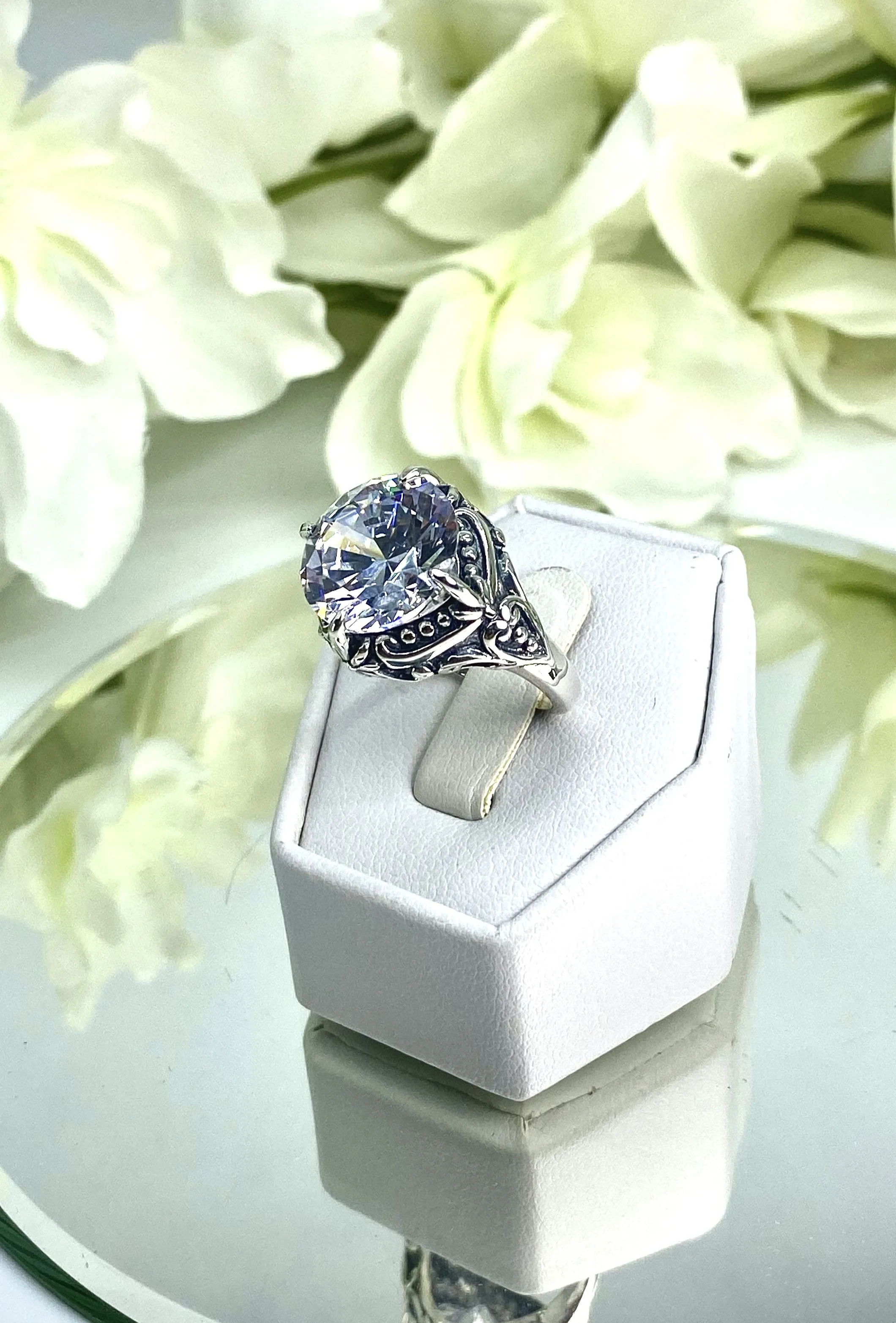6ct White CZ Ring, Size 7, Victorian Filigree, Round Cut Orb Design, D82 - Ready to Ship