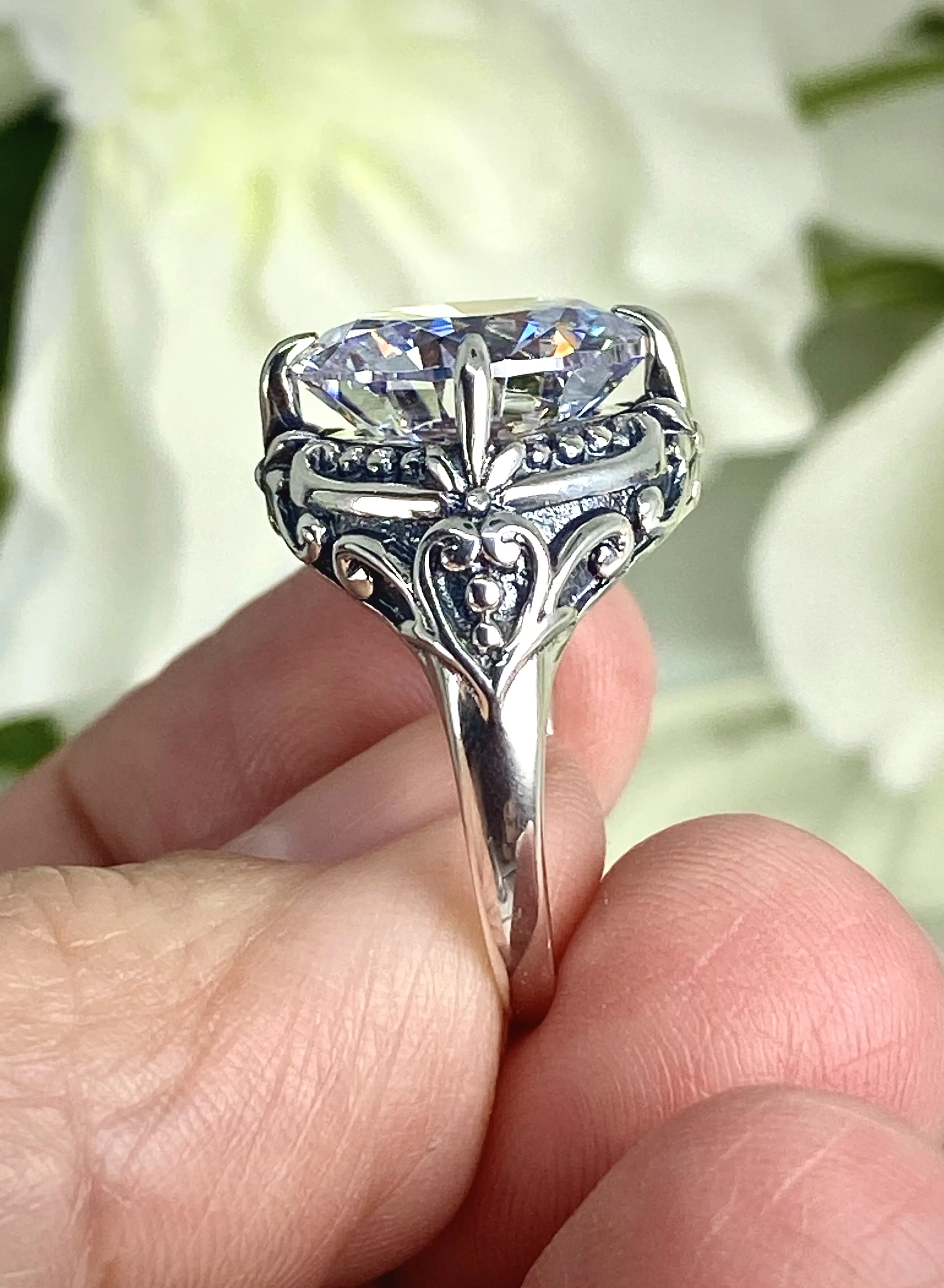 6ct White CZ Ring, Size 7, Victorian Filigree, Round Cut Orb Design, D82 - Ready to Ship